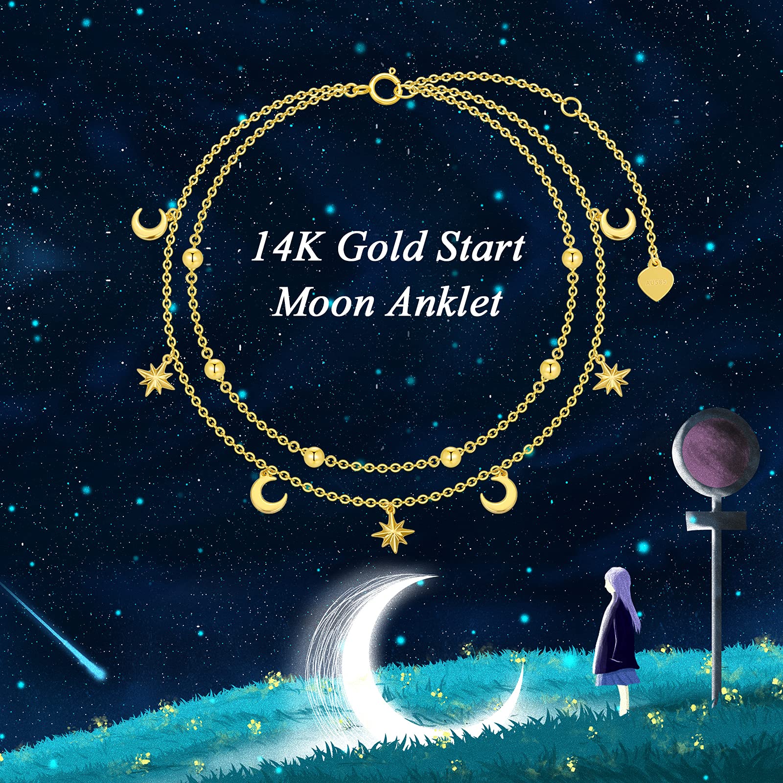 14K Yellow Gold Star Moon Anklet for Women - Real Gold Beads Station Ankle Bracelet with Tassel, Adjustable 8