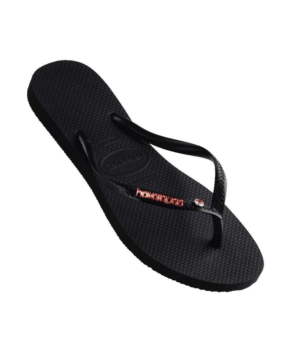 Havaianas Women's Slim Flip Flops with Metal Logo & Crystal Accents - Comfortable Summer Sandals for Beach, Pool, and Casual Wear