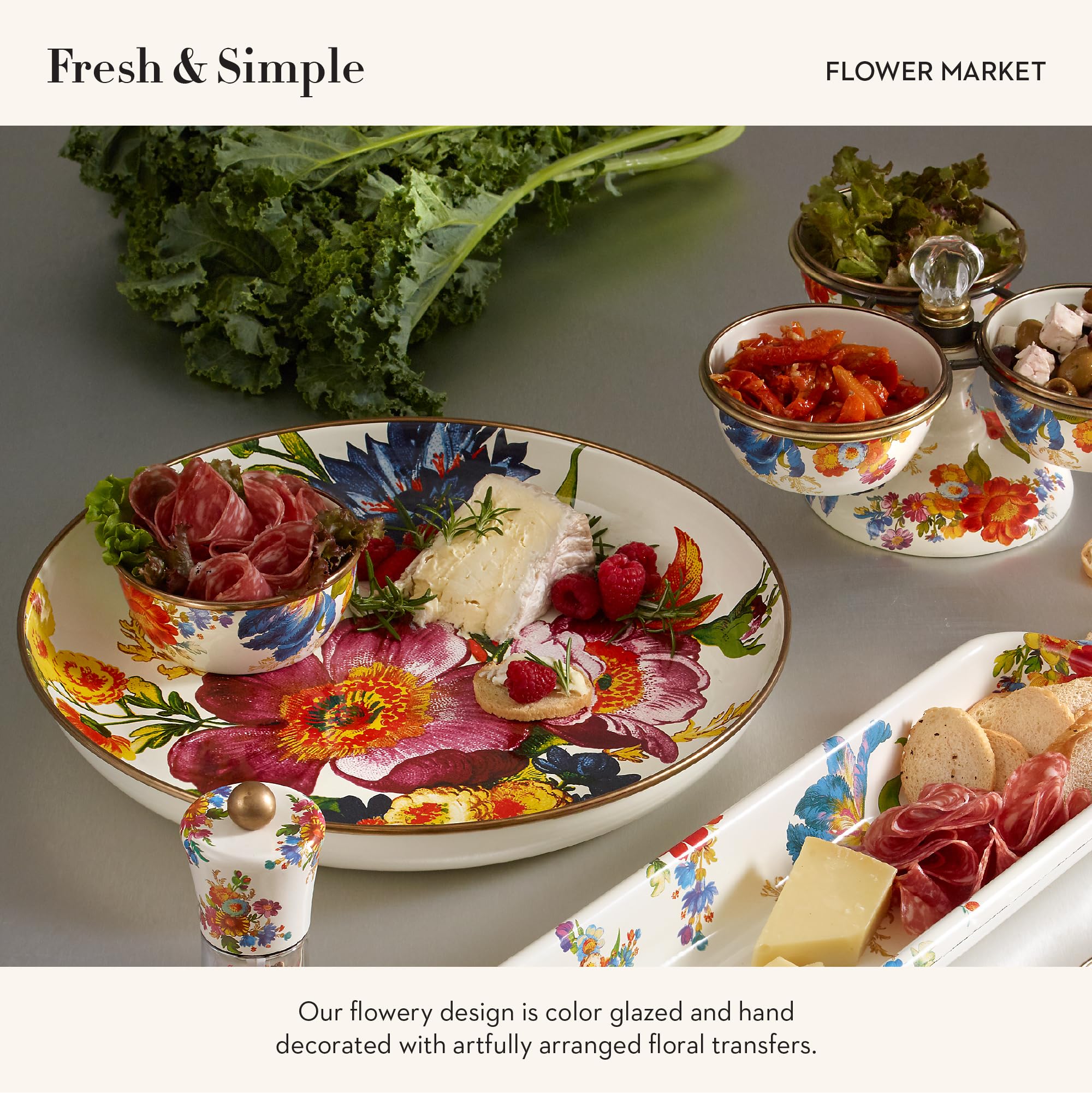 MACKENZIE-CHILDS White Flower Market Chip and Dip Serving Set - Abundant Bowl & Pinch Bowl Set for Parties, Entertaining & Home Decor | Elegant Serving Dish for Chips, Salsa, Dips & Appetizers