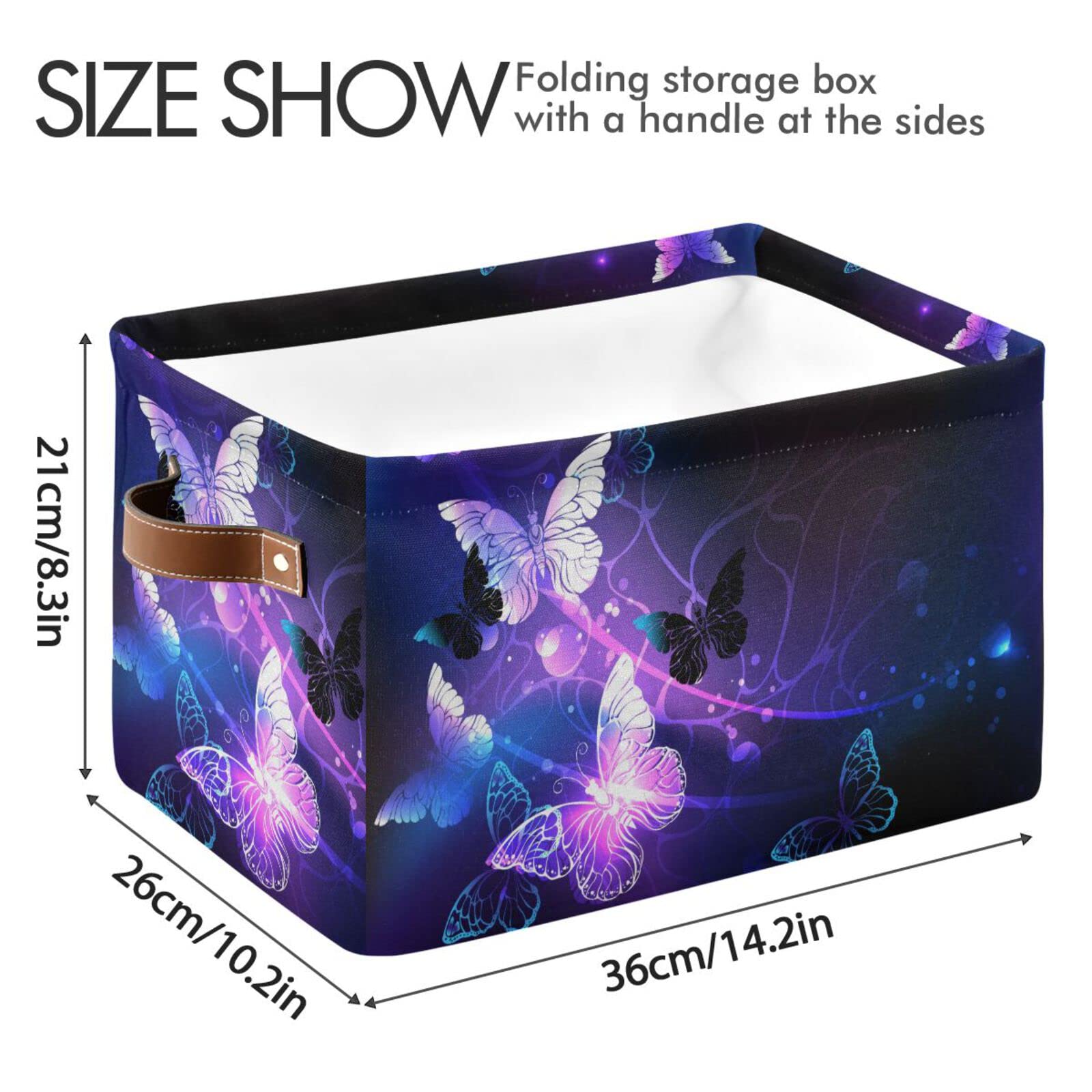 Kigai Purple Butterfly Collapsible Storage Basket with Leather Handle - Rectangle Organizer Bin for Closet, Office, Nursery & Home Decor | Perfect for Shelves, Underbed & Toy Organization