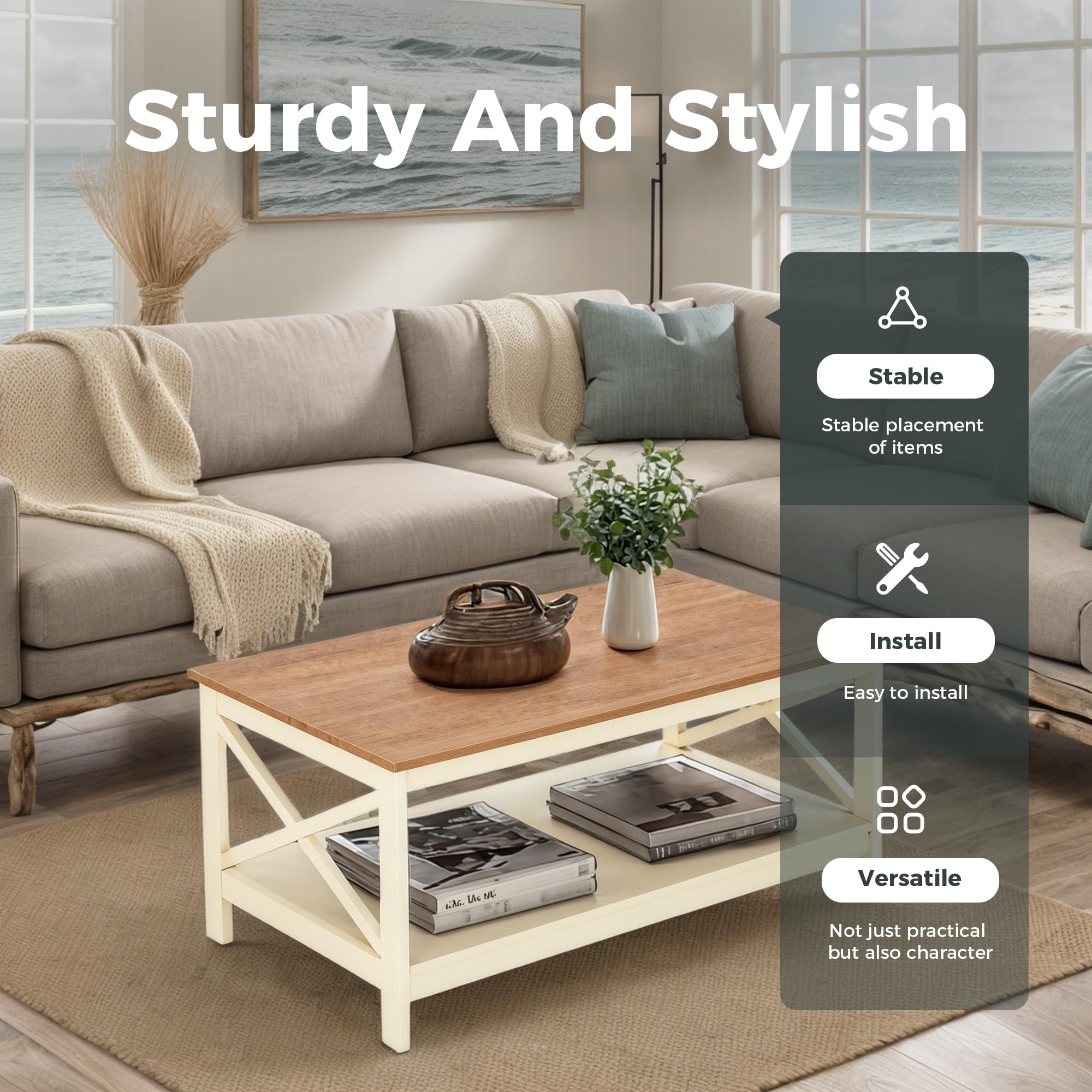 Farmhouse 2-Tier Coffee Table with Storage - Modern Ivory White Living Room Furniture for Small Spaces | Rustic Home Decor, Centerpiece for Family Gatherings & Cozy Nights