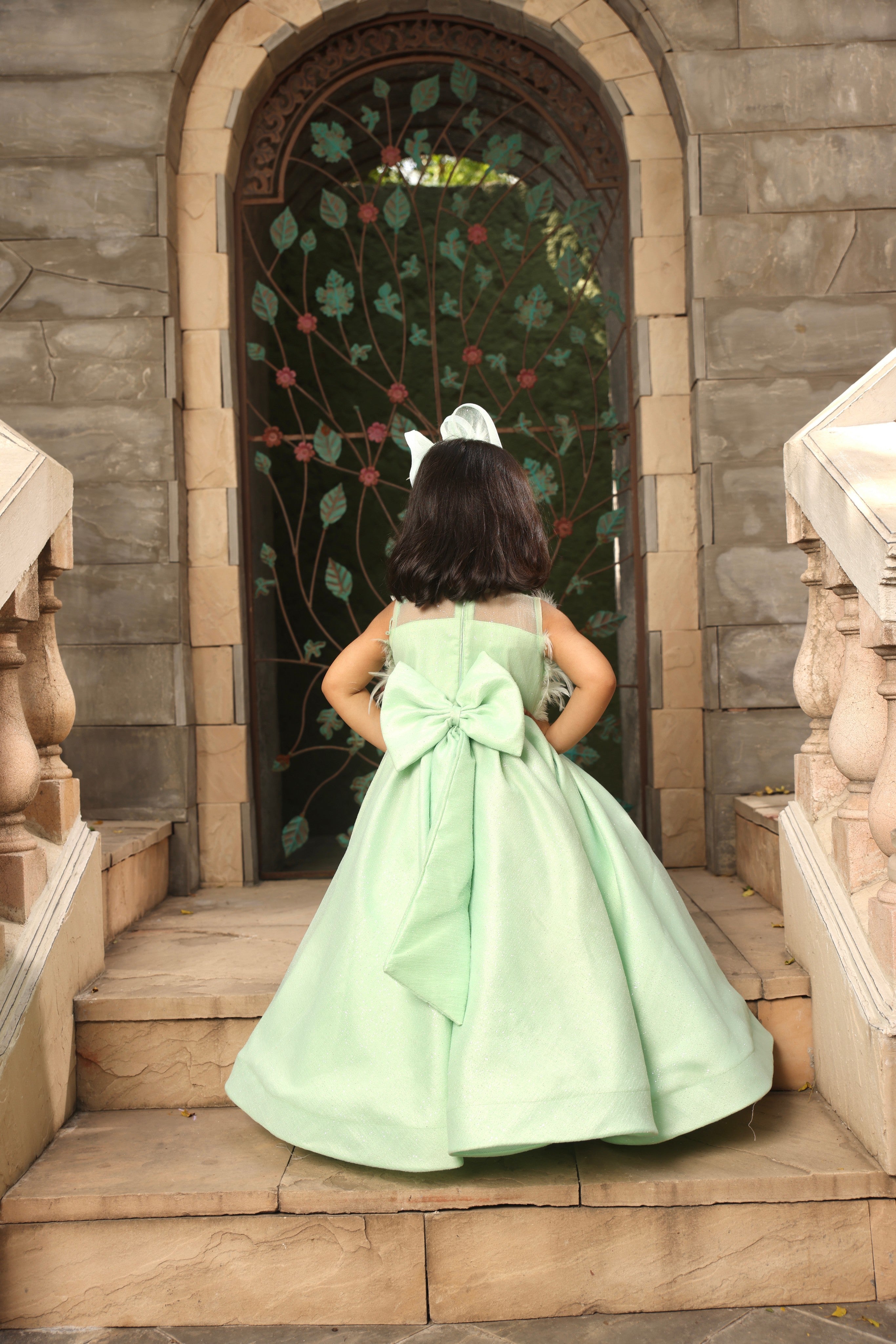 Pre Order: Elegant Pistachio Green Gown with Luxurious Fur Yoke - Perfect for Evening Galas, Winter Weddings & Holiday Parties
