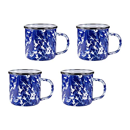 Cobalt Blue Swirl Enamelware 12 oz. Coffee Mugs - Set of 4 Rustic Camping Cups for Outdoor Picnics, Camping & Home Decor