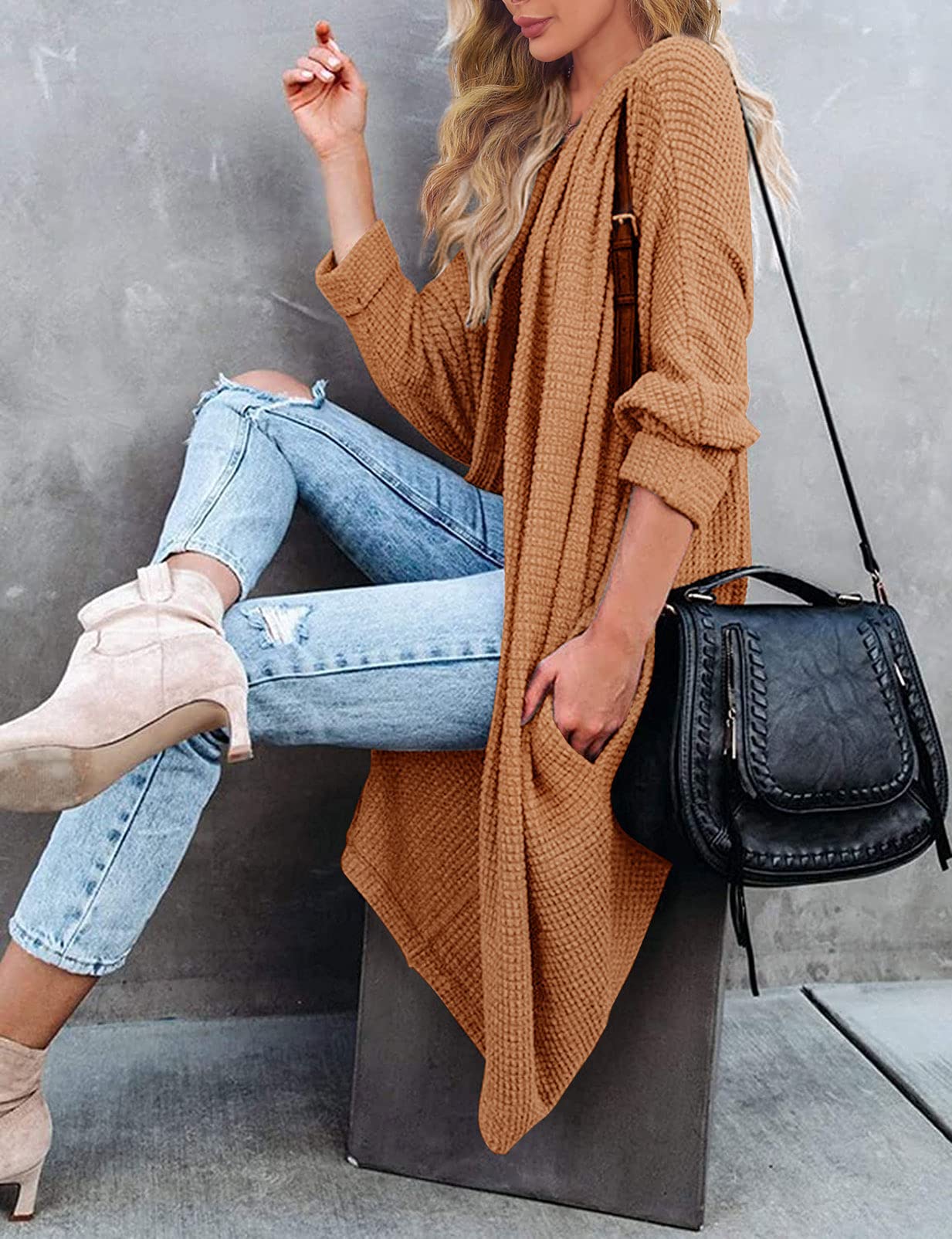 MEROKEETY Women's 2025 Fall Waffle Knit Batwing Long Sleeve Cardigan - Loose Open Front Sweater Coat for Women | Cozy Autumn Layering Piece for Work, Date Night & Casual Outings