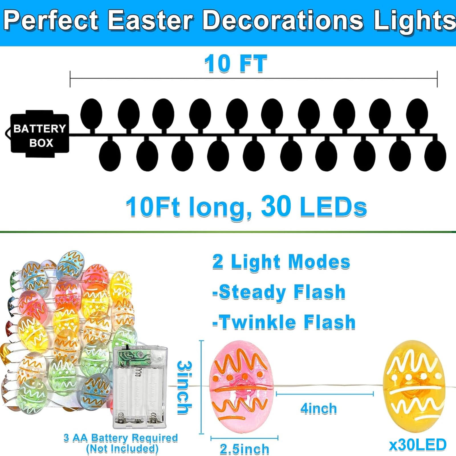 30 LED Easter String Lights - 10 Ft Battery Operated Copper Wire Fairy Lights for Easter Egg Decorations | Indoor Outdoor Home, Window, Tree & Party Decor | Perfect for Easter Hunts, Spring Celebrations & Festive Lighting