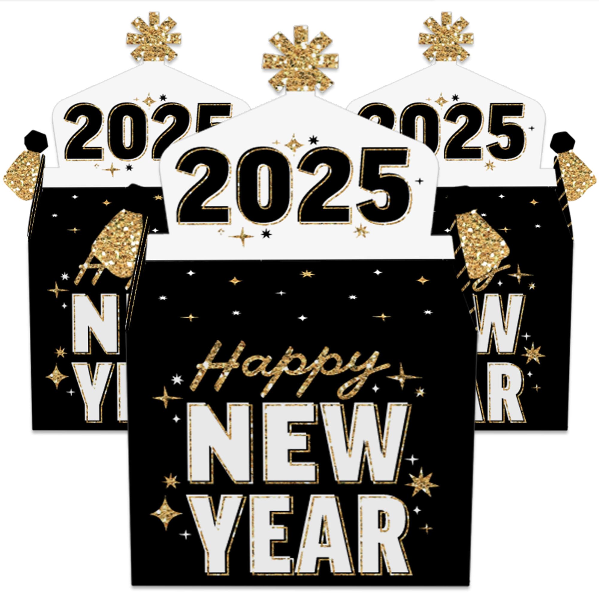 Big Dot of Happiness Hello New Year Treat Box Party Favors - 12-Pack 2025 NYE Goodie Gable Boxes for New Year's Eve Celebrations, Office Parties & Holiday Gift Giving