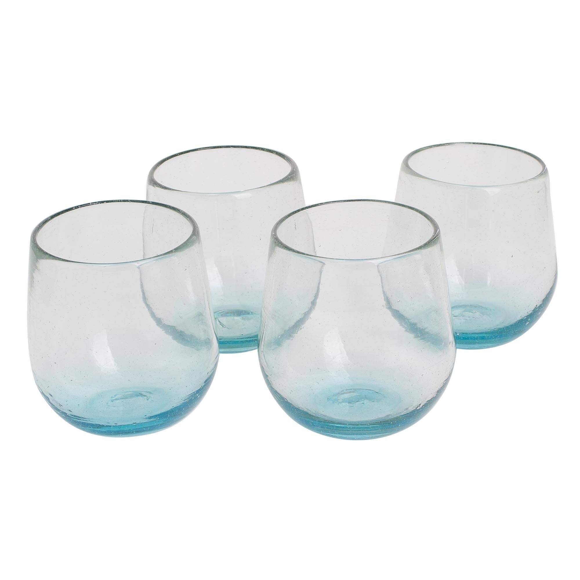 Handmade Recycled Blue Glass Stemless Wine Glasses Set of 4 - Eco-Friendly Glistening Sea Design from Guatemala - Perfect for Dinner Parties, Weddings & Home Decor