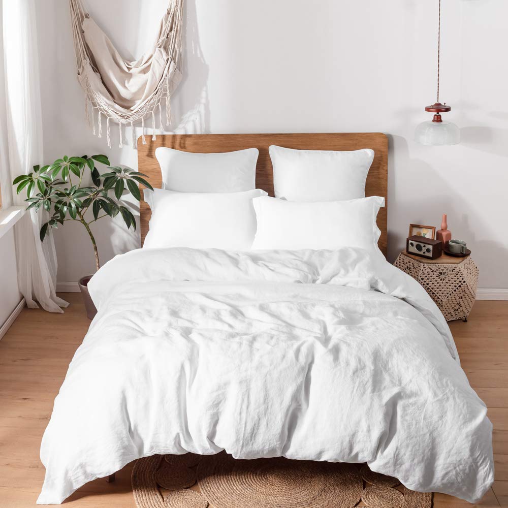 Luxury 100% Linen Duvet Cover Set - 3 Piece King Size Bedding with Classic 14 Inch Tailored Drop Dust Ruffle Bed Skirt & Deep Pocket Fitted Sheet - Breathable & Soft White Linen Bedding for Comfortable Sleep & Elegant Bedroom Decor