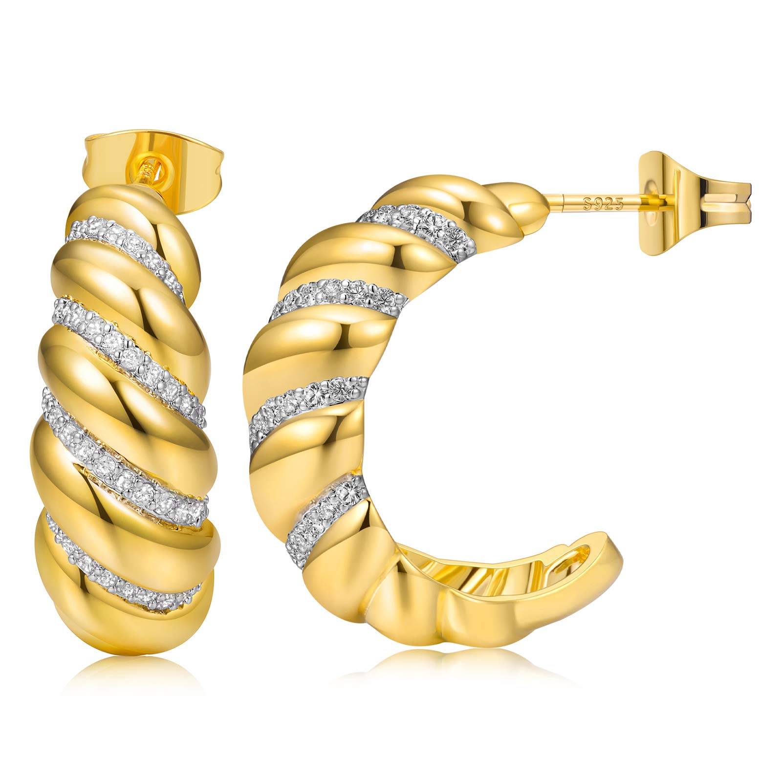 14K Gold Plated Croissant Hoop Earrings for Women - 925 Sterling Silver Huggie Earrings with CZ Stones | Trendy Twisted Round Chunky Hoops | Perfect Mother's Day Gift, Birthday Present & Everyday Fashion Jewelry