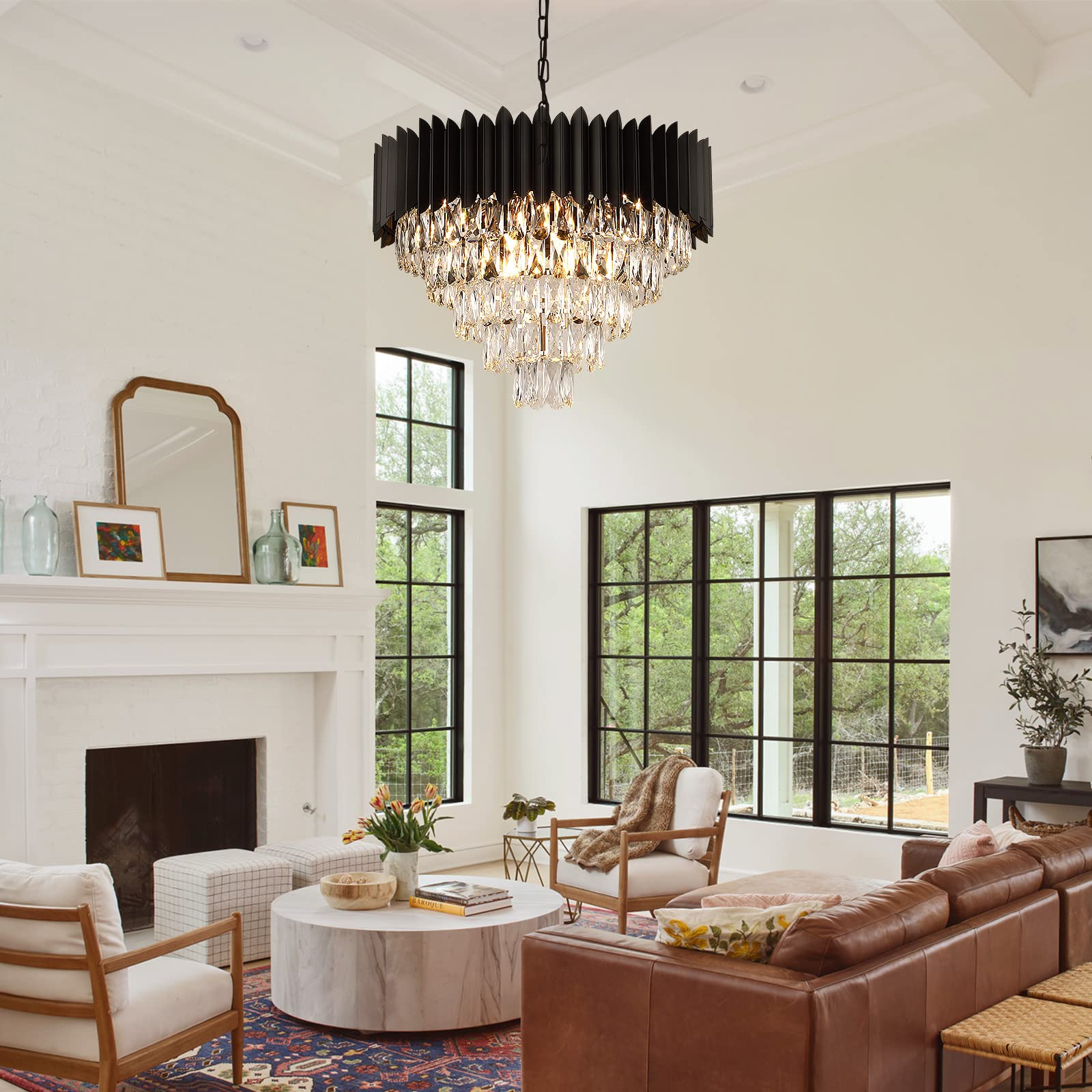 Modern Black Crystal Chandelier - 24 Inch Round Dimmable Ceiling Light Fixture with 12 Lights & 5-Tier Raindrop Design for Living Room, Dining Room, Bedroom, Foyer - Elegant Luxury Lighting for Home Decor, Wedding Venues and Hotel Lobbies