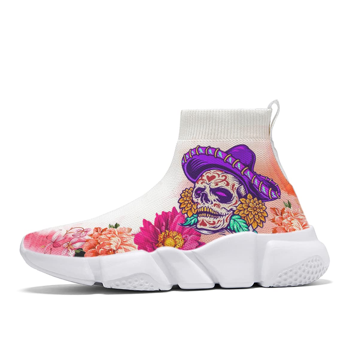 Hetios Women's Skull Print Slip-On Sneakers - Breathable Knit Running Shoes for Walking, Jogging & Casual Wear | Trendy White Athletic Shoes for Women | Perfect for Gym, Workout & Street Style Fashion