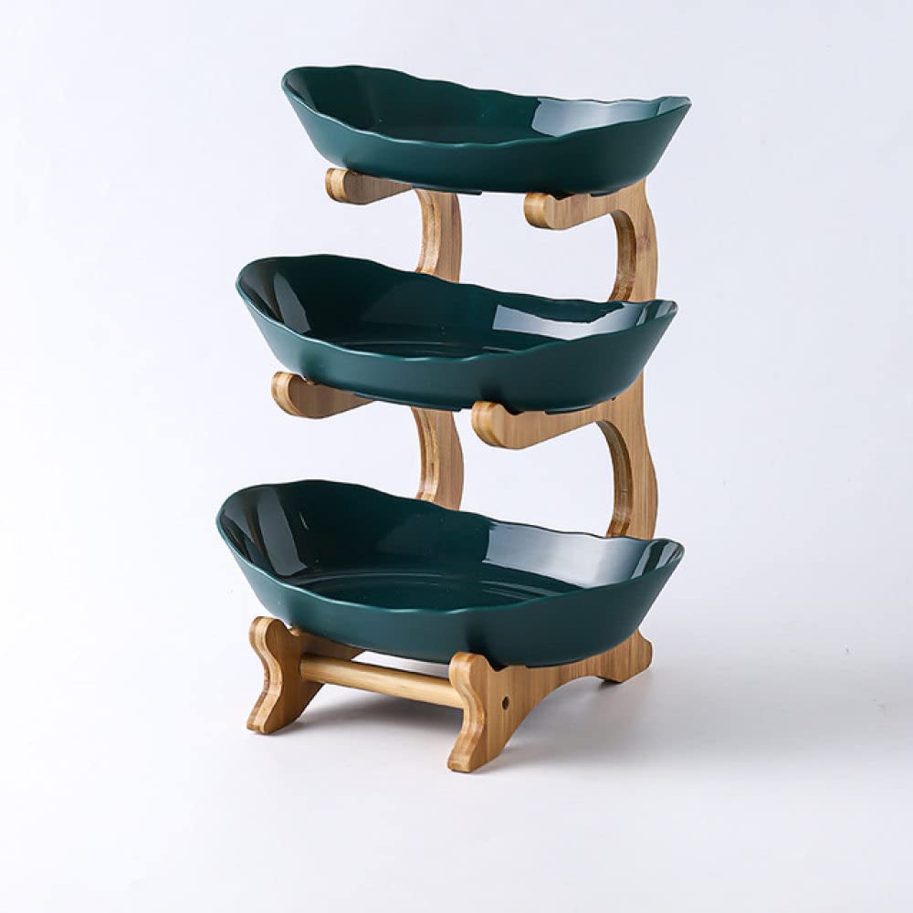 3-Tier Wooden Fruit Storage Display Plate - Snack & Dessert Rack for Kitchen Counter, Pantry Organization - Eco-Friendly Green Decorative Storage Box for Fruits, Pastries, Party Serving