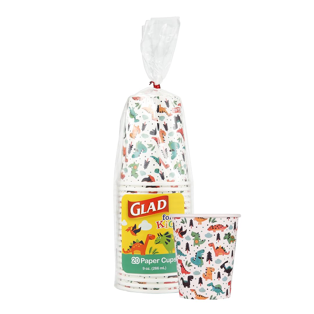 Dinosaur Paper Cups for Kids - 20 Count, 9oz Heavy Duty Disposable Cups with Fun Dino Design | Perfect for Birthday Parties, School Events & Everyday Use | Dinosaur Party Supplies