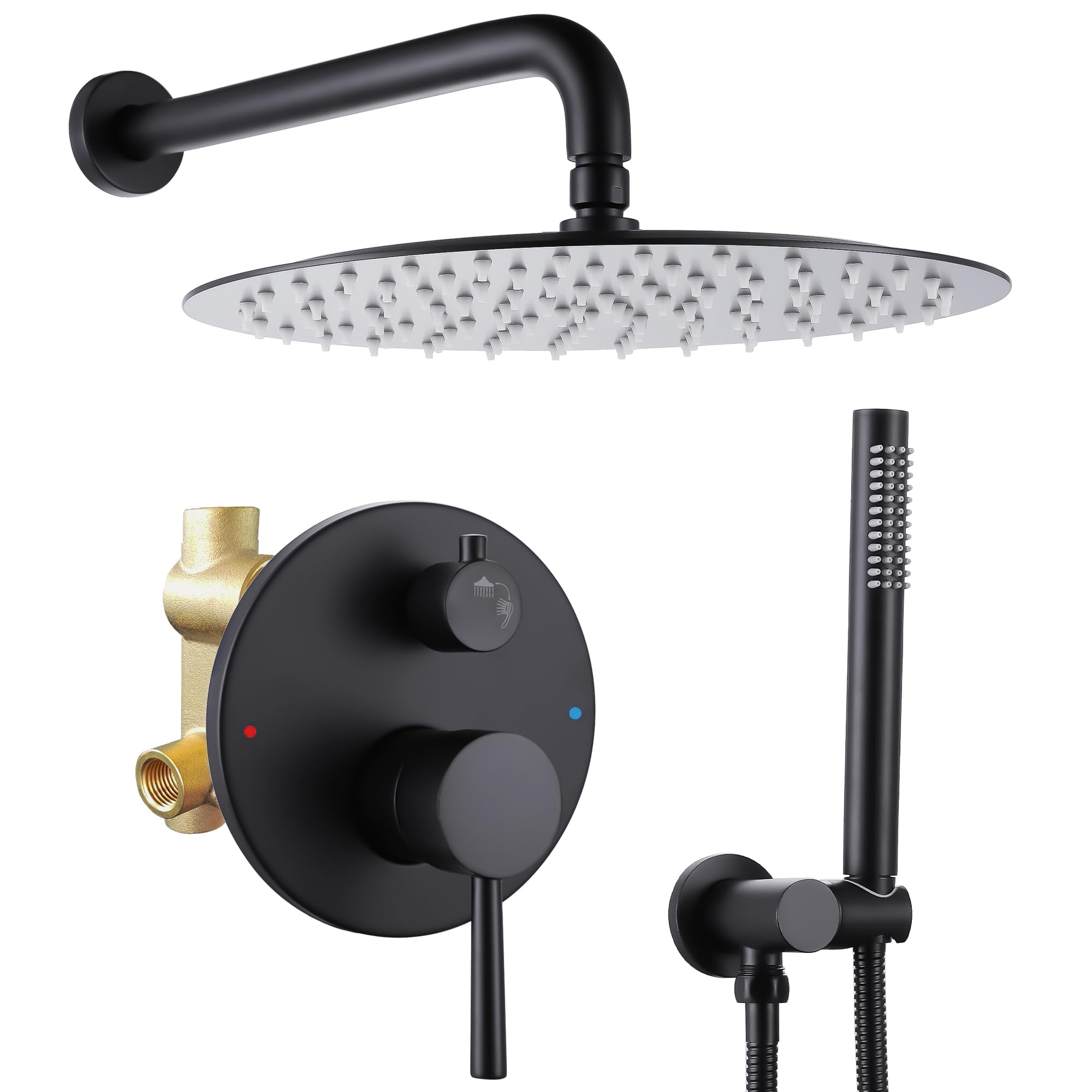 10 Inch Matte Black Shower Faucet Set - Wall Mount Brass Bathroom System with High-Pressure Rain Shower Head & Handheld Spray - Perfect for Modern Bathroom Renovation & Spa-Like Shower Experience