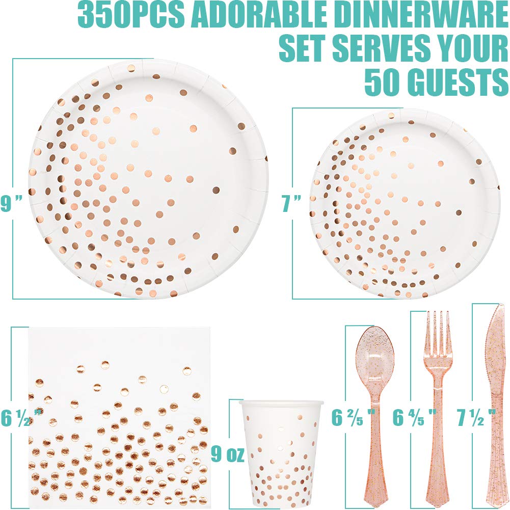350-Piece White & Rose Gold Disposable Dinnerware Set - Elegant Paper Plates, Napkins, Cups & Plastic Cutlery for Women's Birthday, Graduation, Bridal Shower, Engagement & Wedding Parties | Perfect for Elegant Celebrations and Special Occasions