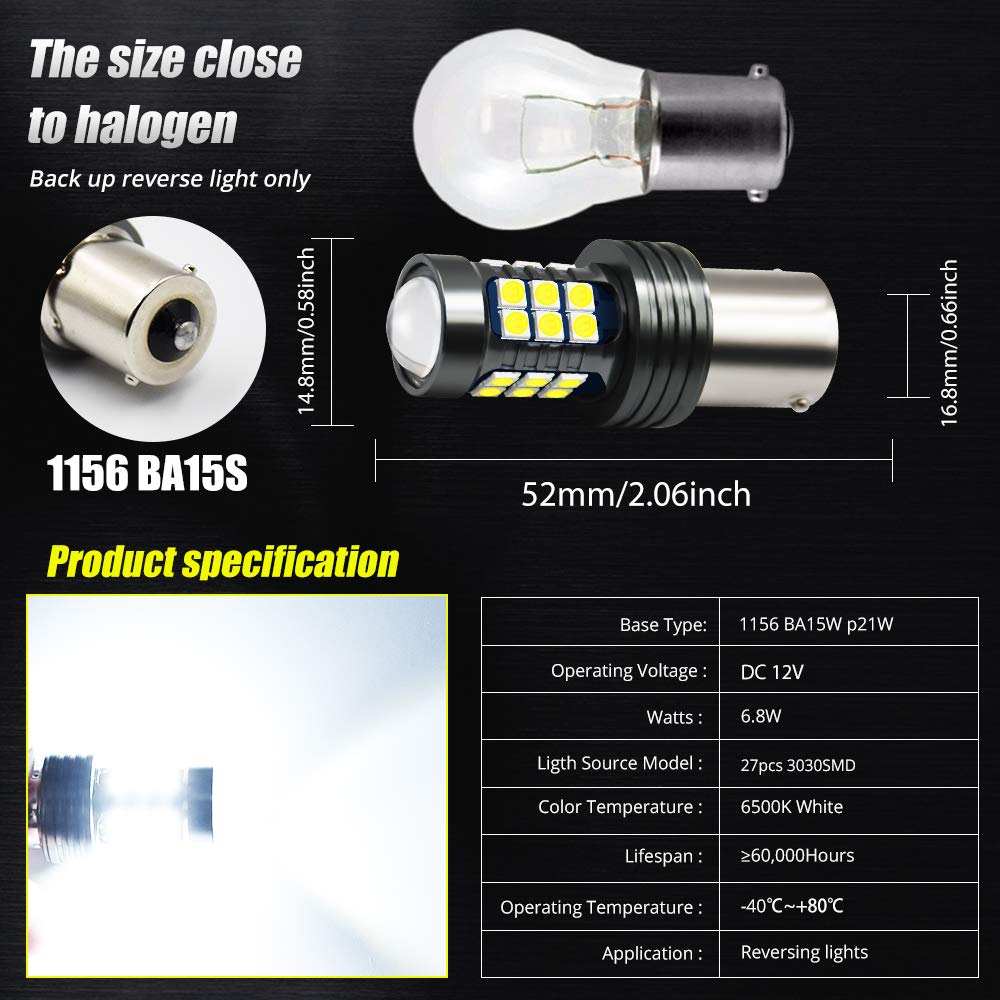 9-36V BA15S LED Bulbs 27-SMD 3030 Chip Super Bright 1156 1141 1003 1073 7506 LED Lamps - Xenon White (2-Pack) for Backup Lights, Reverse Lights, Brake Lights, Tail Lights, RV Lights - Perfect for Trucks, Trailers, Boats and Automotive Lighting Upgrades