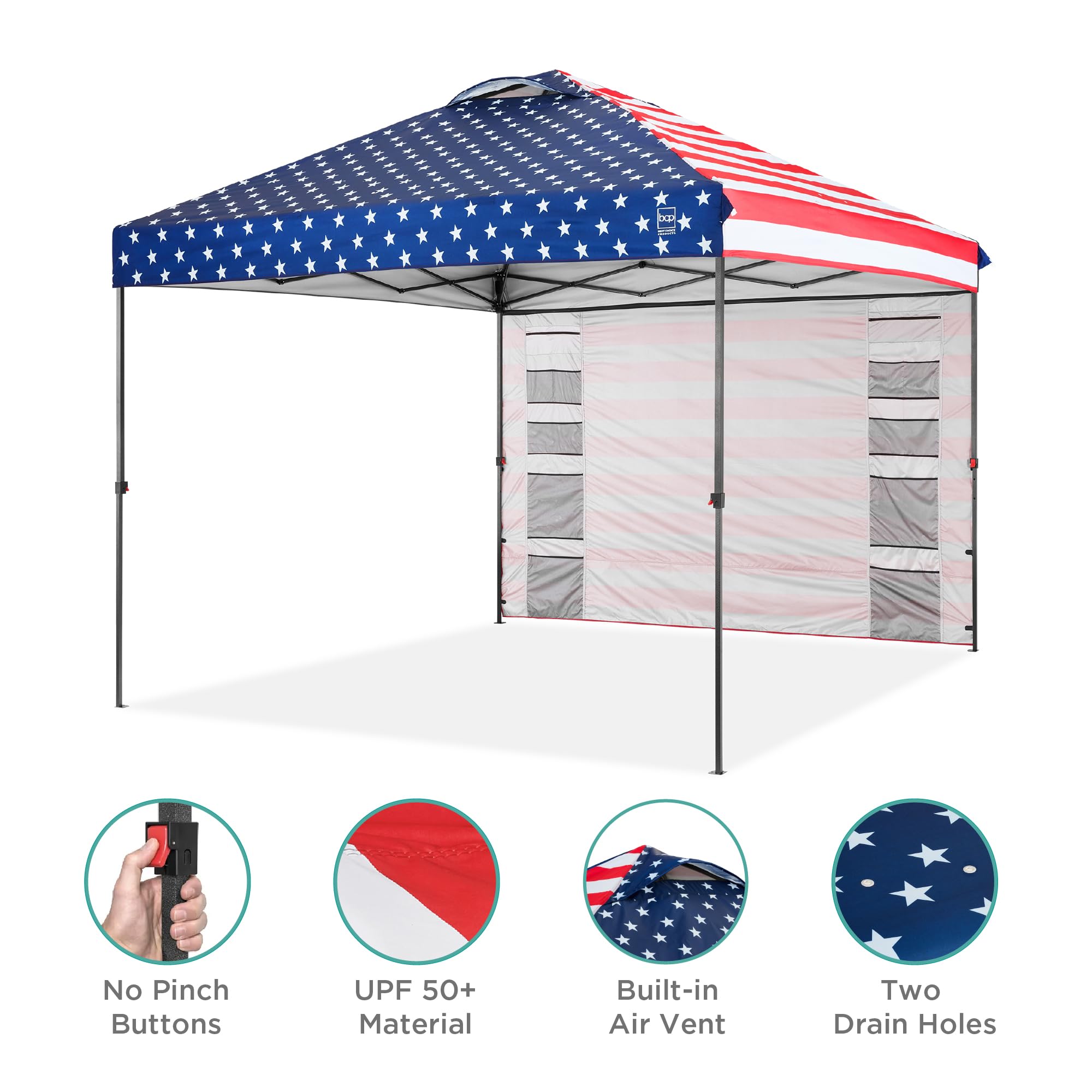 Best Choice Products 10x10ft Pop Up Canopy Tent with Side Walls - Portable Instant Shelter with 10 Pockets, Carry Bag & 4 Weight Bags - 1-Button Quick Setup - Perfect for Outdoor Events, Camping, Beach, Picnics & Tailgating - American Flag Design