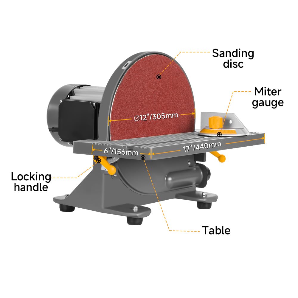 Hoteche 12-Inch Benchtop Disc Sander | 6.5-Amp Sanding Machine with Miter Gauge & Dust Collection System | Wood & Metal Sanding Tool for DIY Projects, Woodworking & Metalworking