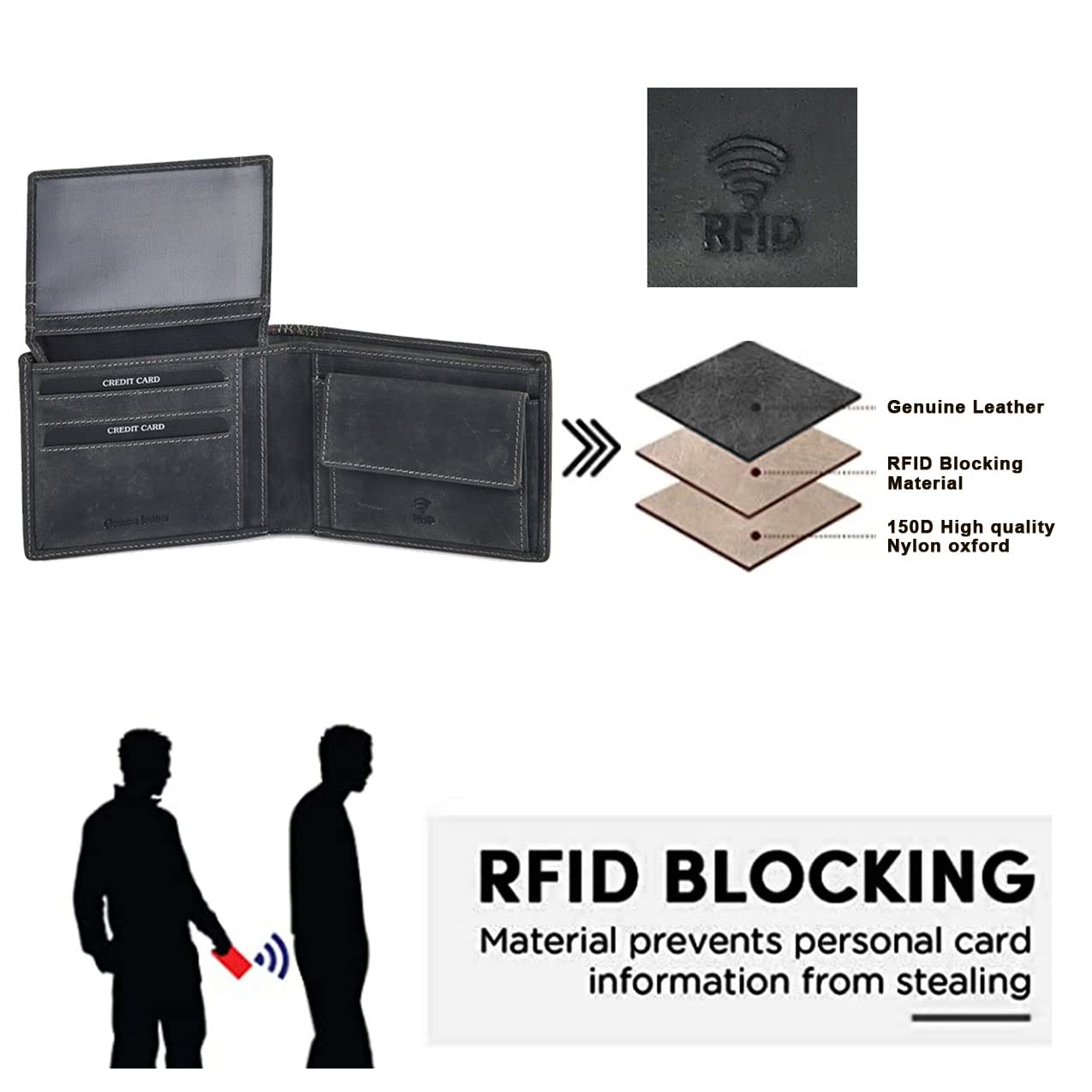 Genuine Washed Calf Leather RFID Blocking Bifold Wallet for Men with Coin Pocket & Secret Zippered Pocket - Premium Men's Wallet (Black) - Perfect for Everyday Use, Travel & Business