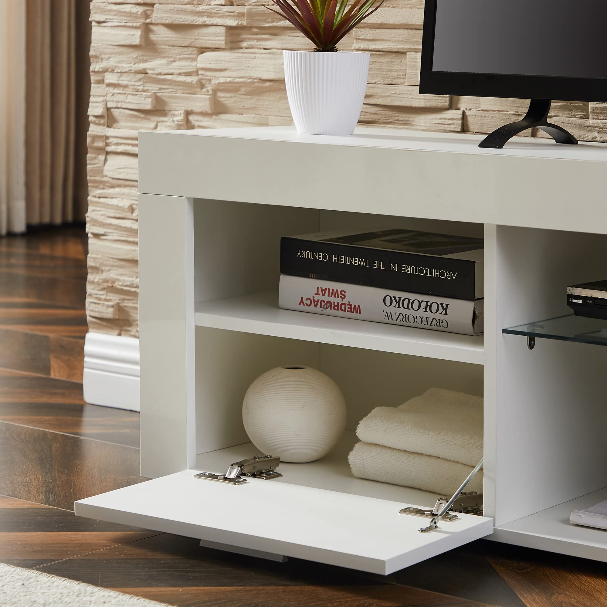 55 Inch TV Stand with LED Lights & 2 Drawers - Modern White Gloss Entertainment Center, Living Room TV Console Table for Home Theater Setup - Perfect for Gaming, Movie Nights & Family Entertainment
