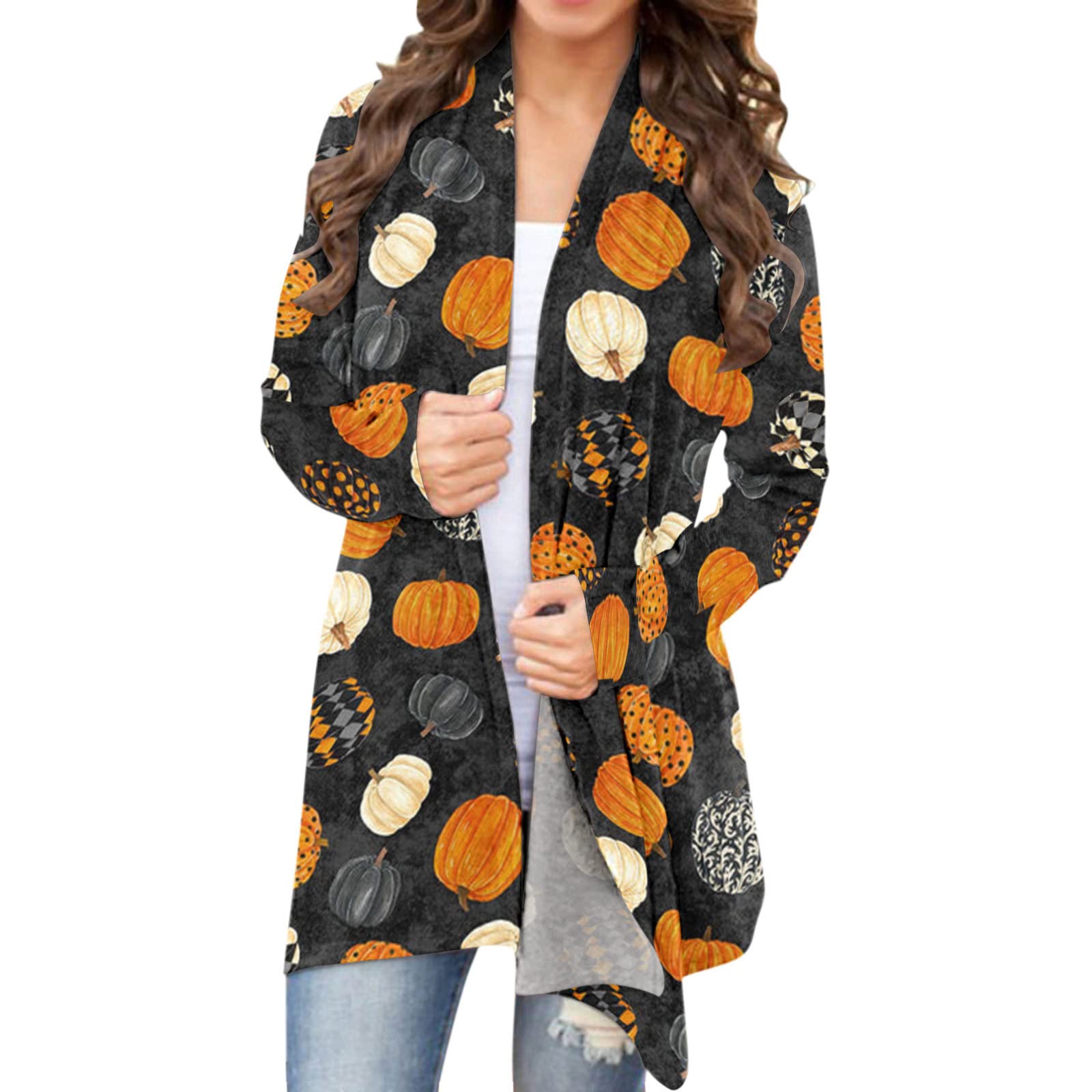 Women's Pumpkin Cat Ghost Print Cardigan - Long Sleeve Open Front Sweater Coat for Halloween Costume & Fall Fashion | Cozy Layering for Parties, Office Wear, and Casual Outfits