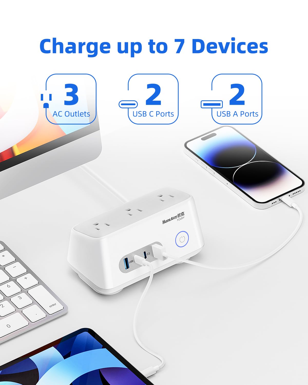 Huntkey 68W Desktop Charging Station with 3 AC Outlets & 5 Ports (2 USB-C + 2 USB-A) | 5ft Extension Cord | Fast Charging Hub for Phones, Tablets, Laptops | Perfect for Home Office, Bedroom & Travel