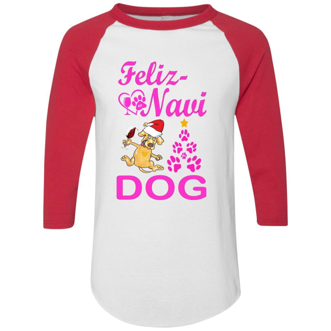 Feliz Navidad Dog Christmas Sweater - Pink Colorblock Raglan Jersey for Small & Large Dogs | Holiday Pet Outfit for Parties & Photos
