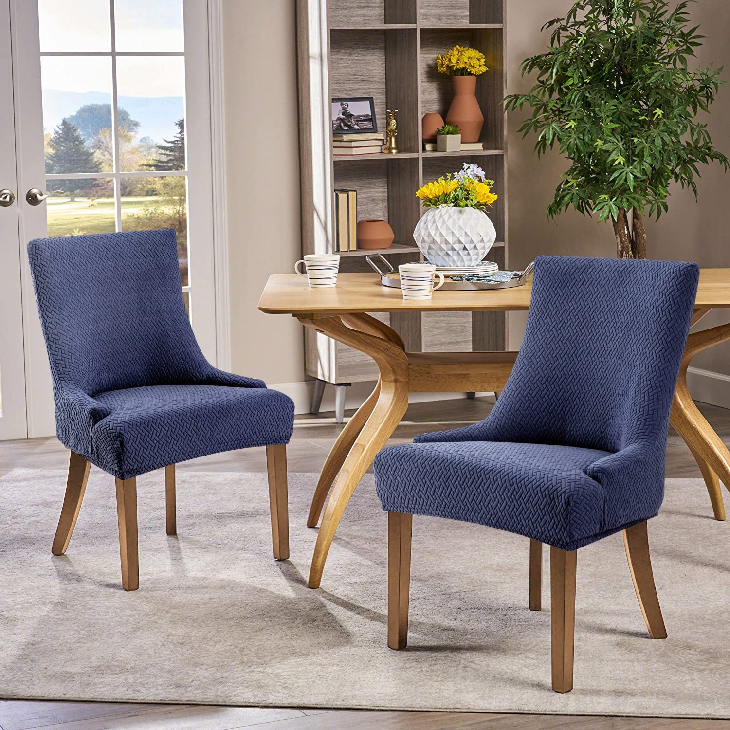 Stretch Diagonal Stripes Wingback Chair Slipcovers - Washable Reusable Armchair Protector Covers Set of 2, Khaki - Perfect for Dining Room Chairs, Kitchen Seating & Home Decor Protection