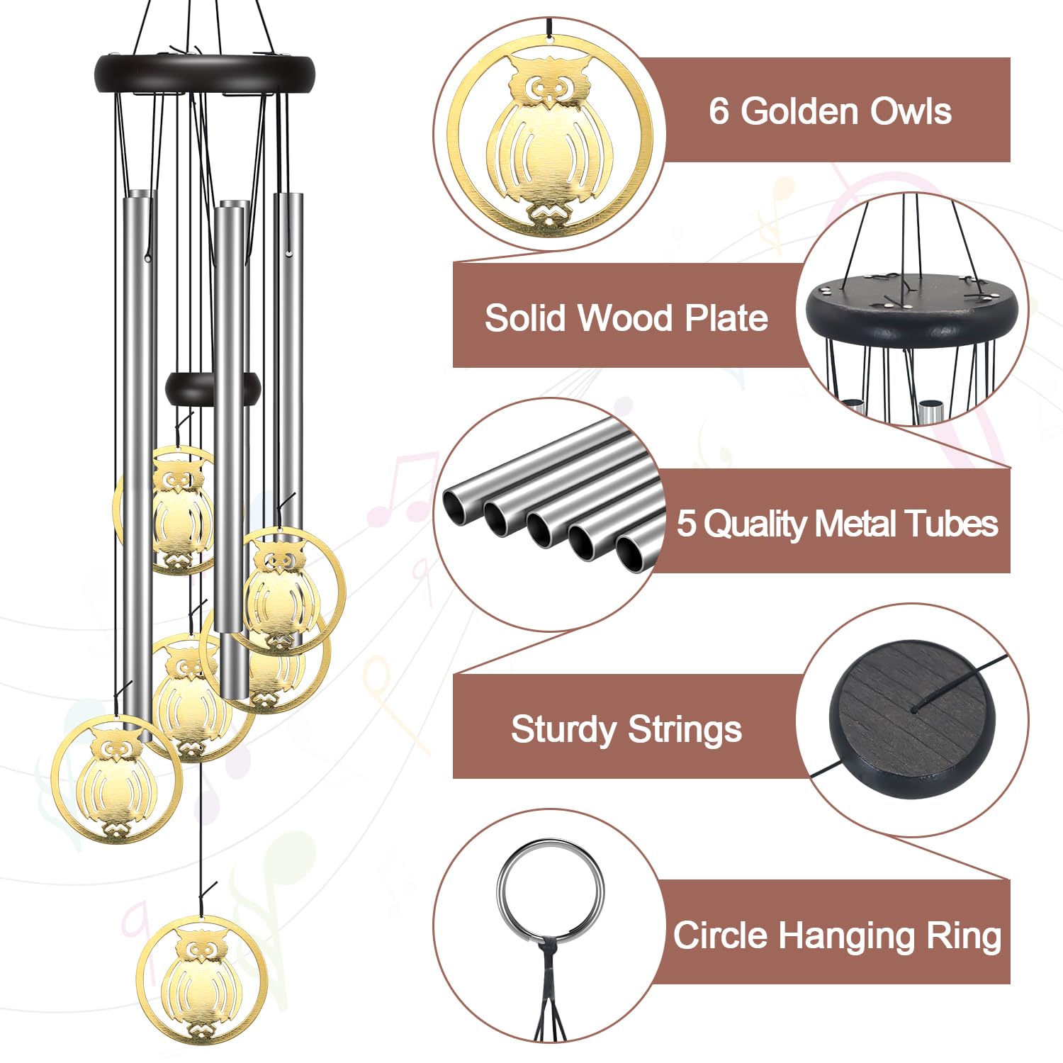 Golden Owl Wind Chimes for Outdoors - Sympathy Wind Chimes, Patio & Garden Decor, Zen Wind Chime for Relaxation - Perfect for Porch, Backyard, and Meditation Spaces