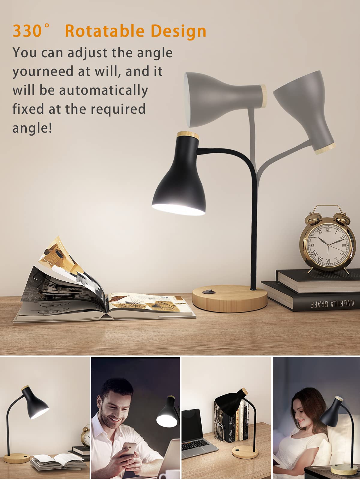 Adjustable Metal Arc Desk Lamp with Wood Base - Flexible Gooseneck Reading Light for Bedroom, Study Room & Office - Perfect for Night Reading, Working & Home Decor (Wood Base+Black)