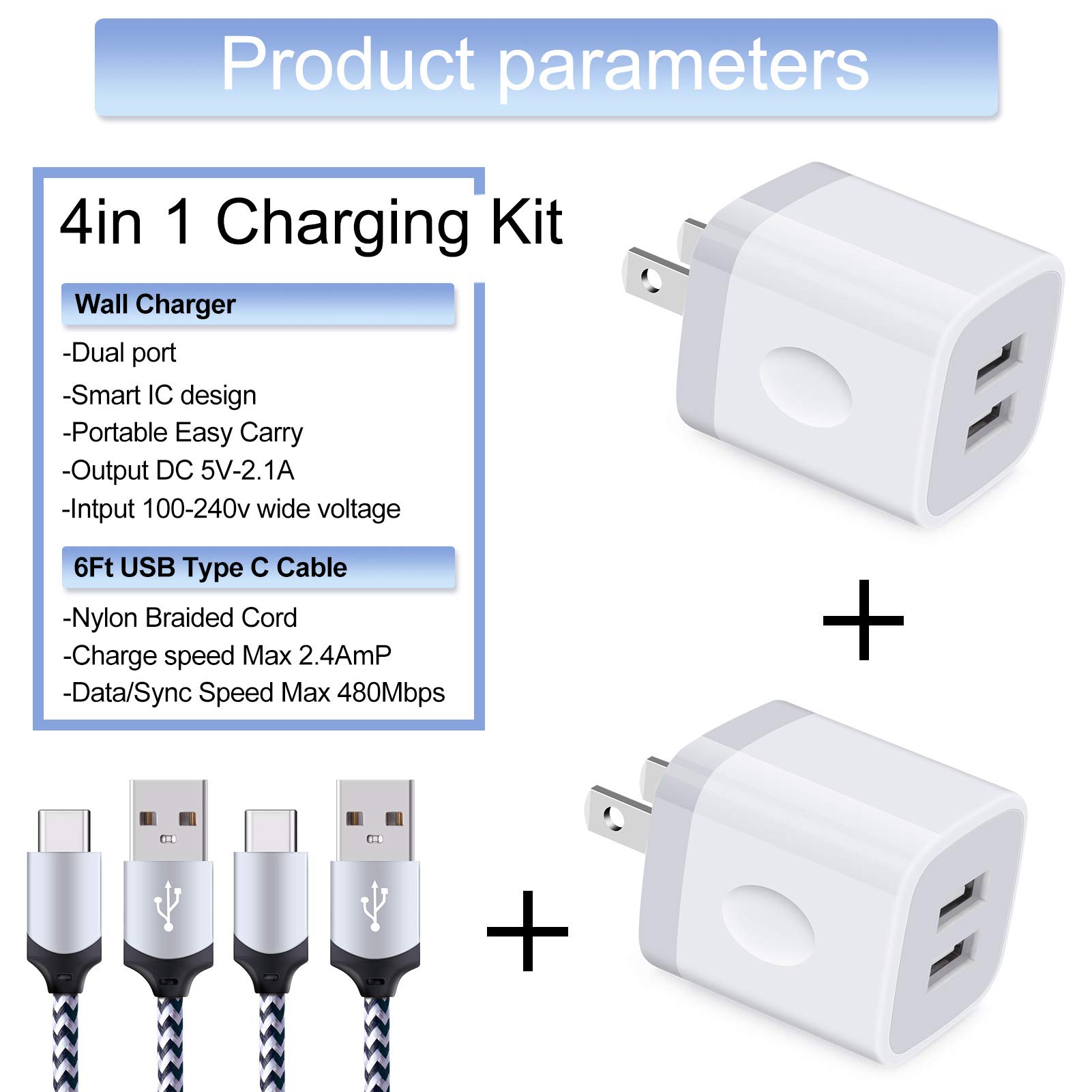 Fast Charging USB C Wall Charger Block with 6ft Cable - Compatible with Samsung Galaxy S25/S24/S23 FE/S22 Ultra/S21 FE & Google Pixel 9 Pro/8a/7a Series - Quick Charge 2.1A Power Adapter for Home, Office & Travel