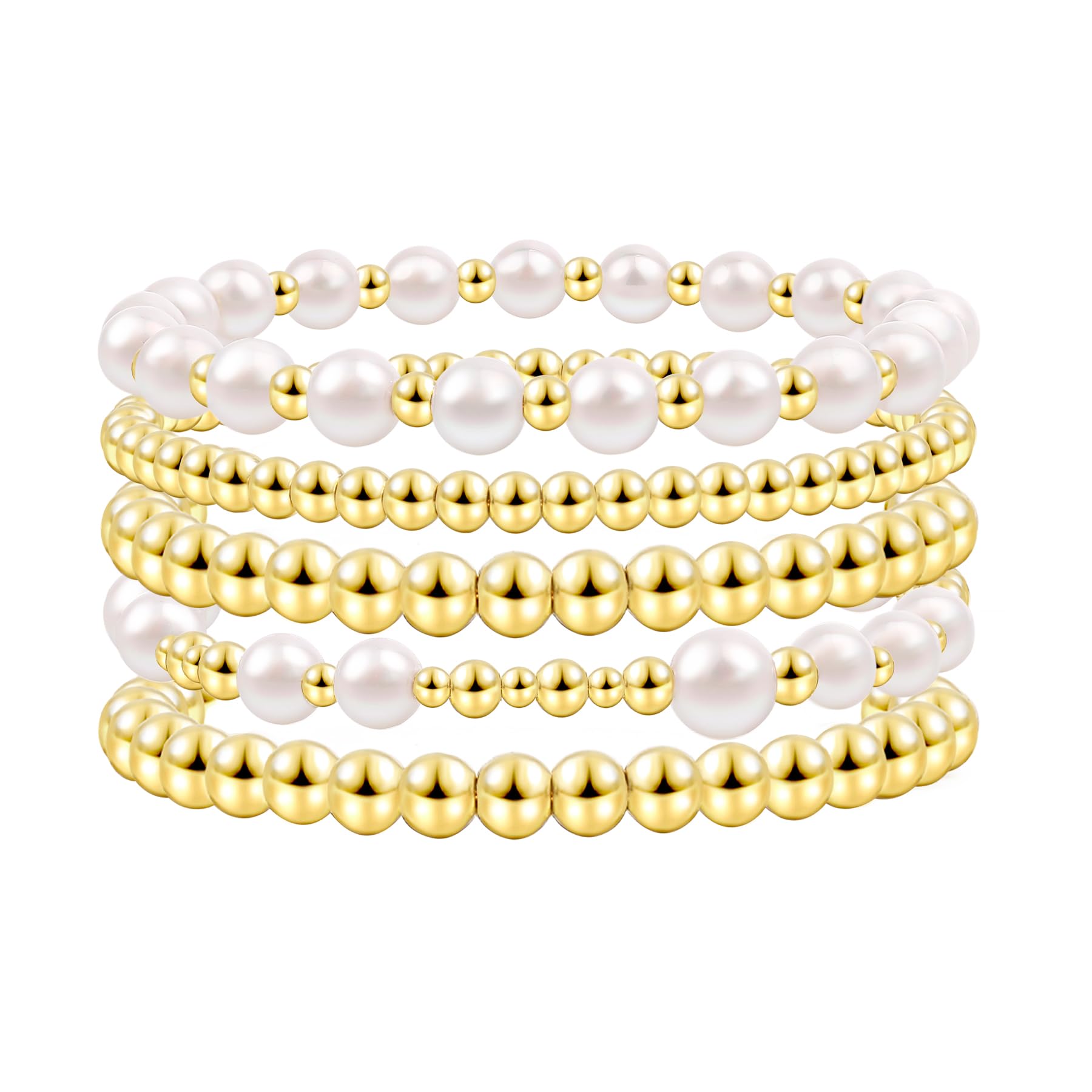 Gold Beaded Bracelets for Women - White & Black Beads, Gold Filled Stretch Elastic Stackable Bracelet Set, Trendy Dainty Layered Jewelry for Everyday Wear, Gift Giving & Special Occasions