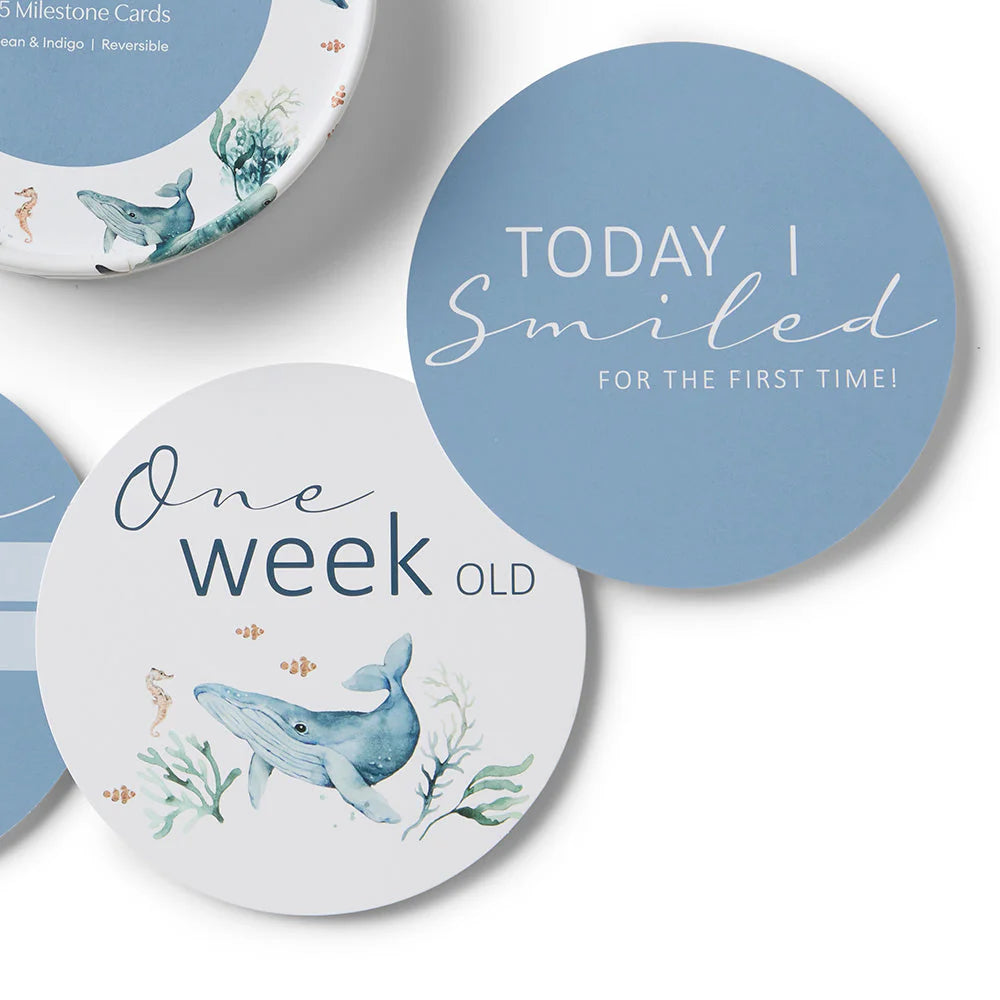 Snuggle Hunny Reversible Milestone Baby Cards - Ocean & Indigo Colors for Newborn Photo Shoots and Monthly Growth Tracking