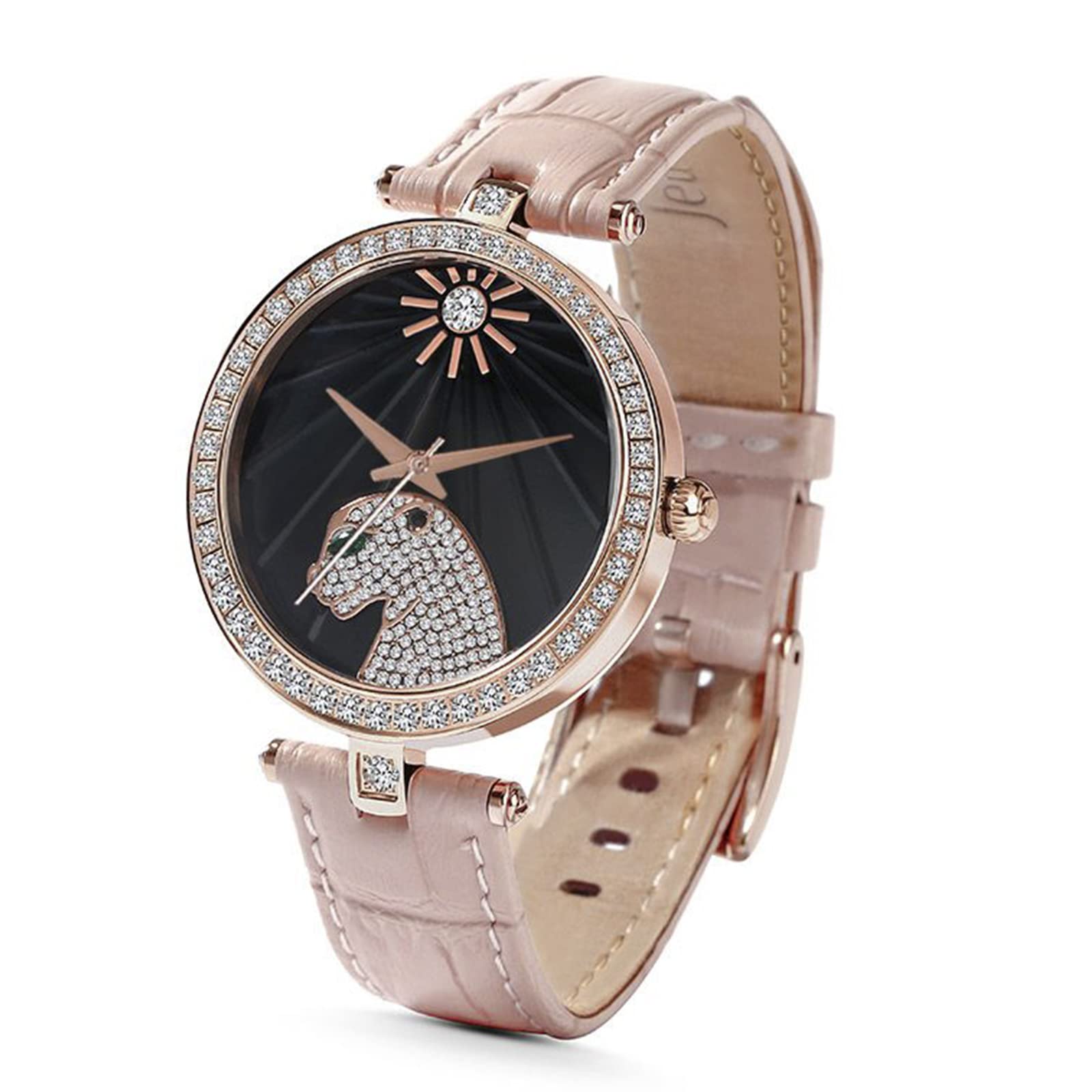 Jeulia Women's Leopard Print Quartz Watch - Black/Pink Leather Band with Black Diamond Lion Dial, Stainless Steel Case - Perfect for Business, Sports & Casual Wear | Water Resistant Unisex Wristwatch for Everyday Use & Special Occasions