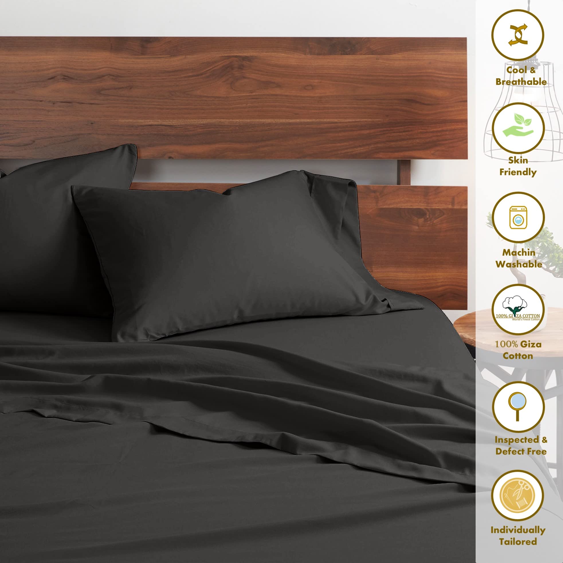 100% Certified Giza Cotton Pillowcase & Sheet Set - Queen Size, Soft Sateen Weave, Breathable Egyptian Cotton, Fits Up to 18-Inch Deep Pocket Mattress, Dark Grey - Perfect for Luxury Bedroom & Hotel Style Comfort