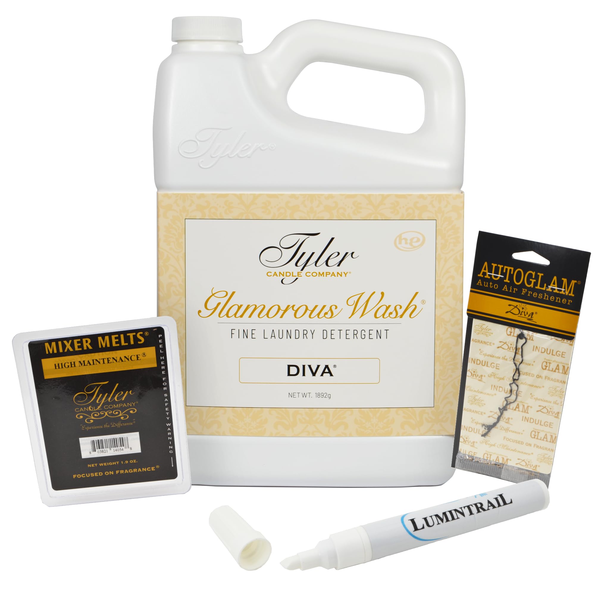 Tyler Candle Glamorous Wash Laundry Detergent - 64 oz Diva Bundle with Mixer Melts, Autoglam Freshener & Degreaser Pen | Luxury Scented Laundry Care for Clothes, Linens & Home | Perfect for Everyday Laundry, Special Fabrics & Car Interior Refresh