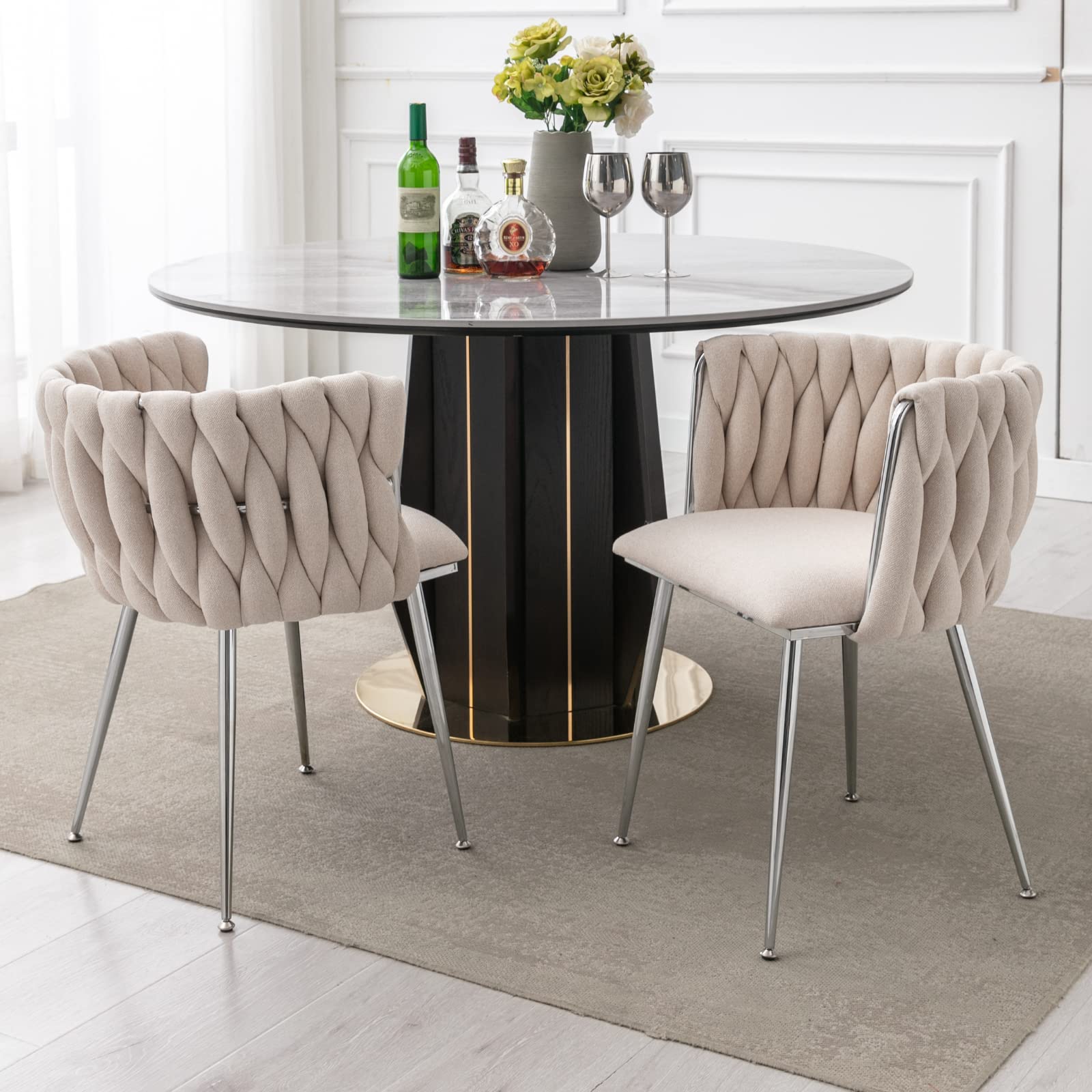 LukeAlon Modern Linen Dining Chairs Set of 2 - Woven Backrest Leisure Chairs with Silver Metal Legs, Upholstered Side Chairs for Living Room, Kitchen, Dining Room & Vanity - Beige Home Decor Accent Chairs for Comfortable Seating & Stylish Interior Design