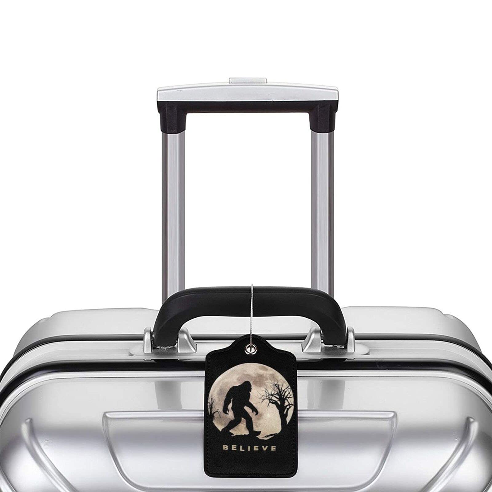 Funny Bigfoot Sasquatch Full Moon Luggage Tag - Stainless Steel Loop & PU Leather Name ID Card Holder - Durable Suitcase Labels for Women, Men & Kids - Perfect for Travel, Backpacks & Carry-On Bags (1pc)