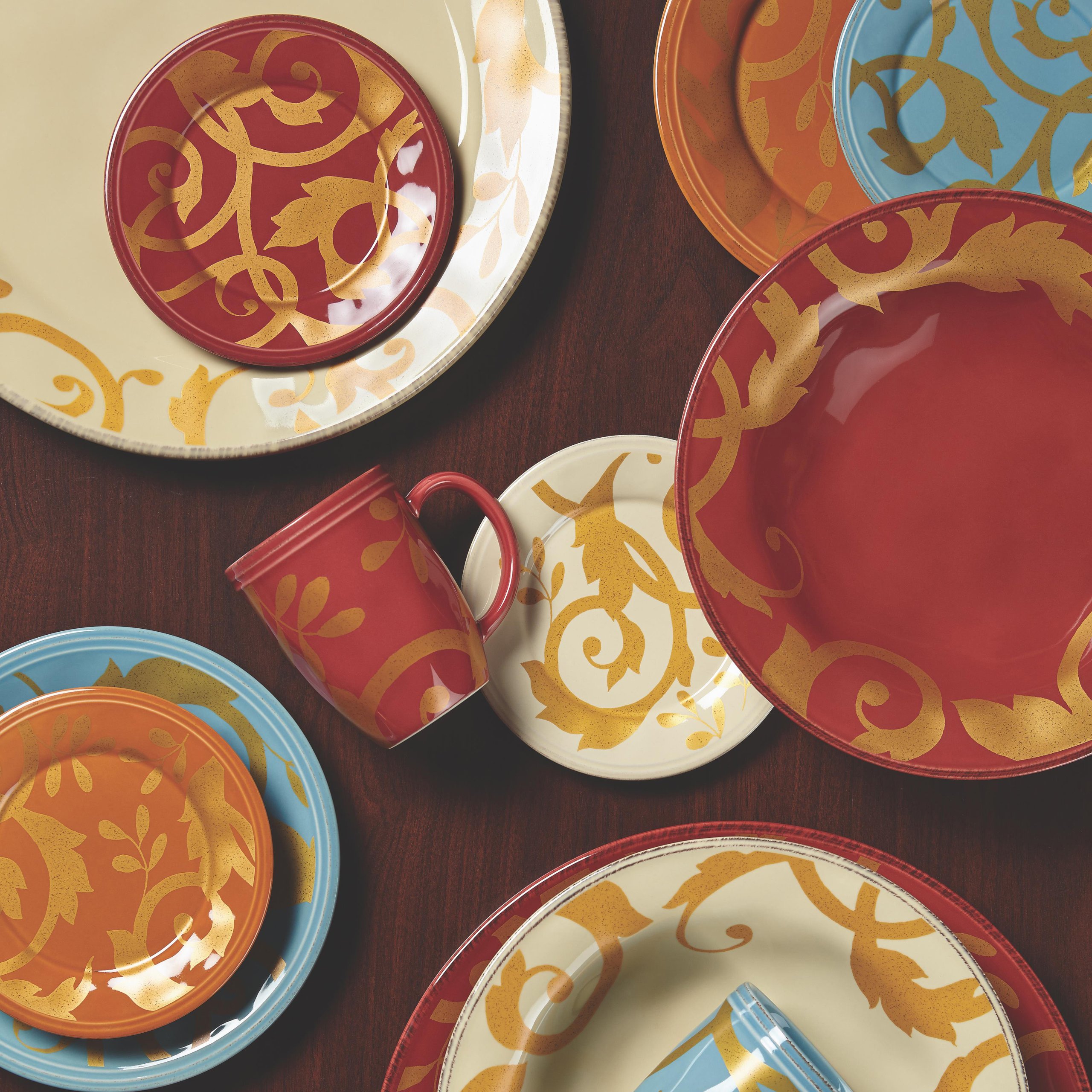 Rachael Ray 10-Inch Round Serving Bowl with Gold Scroll Design - Almond Cream Dinnerware for Entertaining, Parties & Everyday Dining