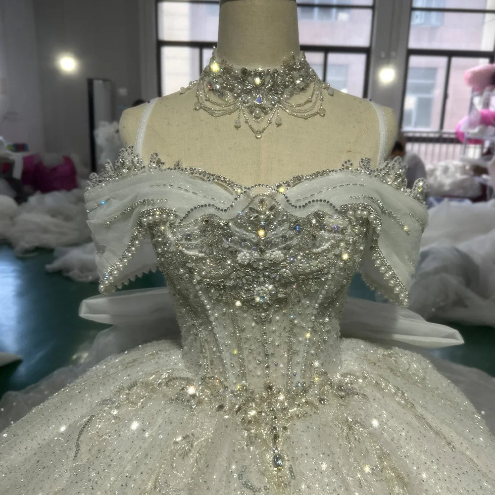 Elegant Off Shoulder Princess Wedding Gown with Beaded Details - Perfect for Bridal, Prom, and Formal Occasions