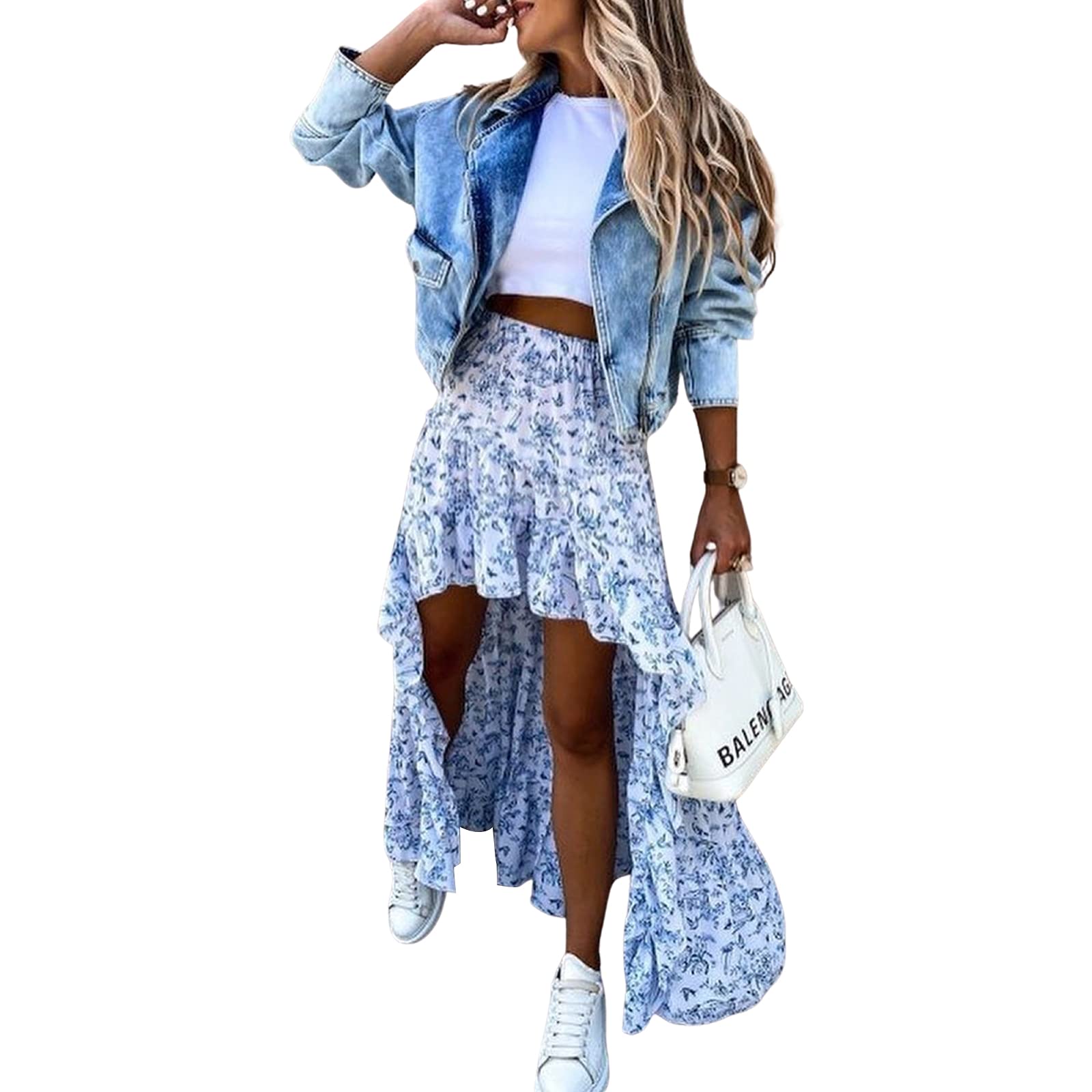 Boho Floral Print Long Maxi Skirt for Women - High Waist A-Line Summer Skirt with Front Split & Irregular Hem | Perfect for Beach, Vacation, and Boho Fashion Outfits