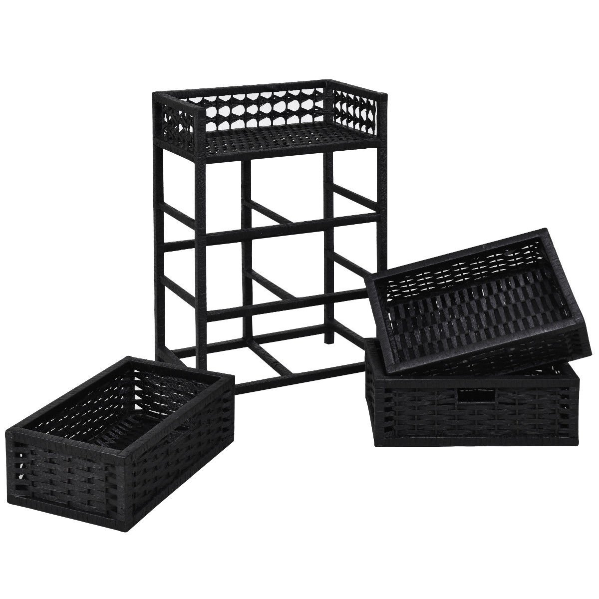 Black 3-Drawer Wicker Storage Tower Shelf with Baskets - Organizer for Bedroom, Bathroom, or Closet - Space-Saving Storage Solution for Home & Office