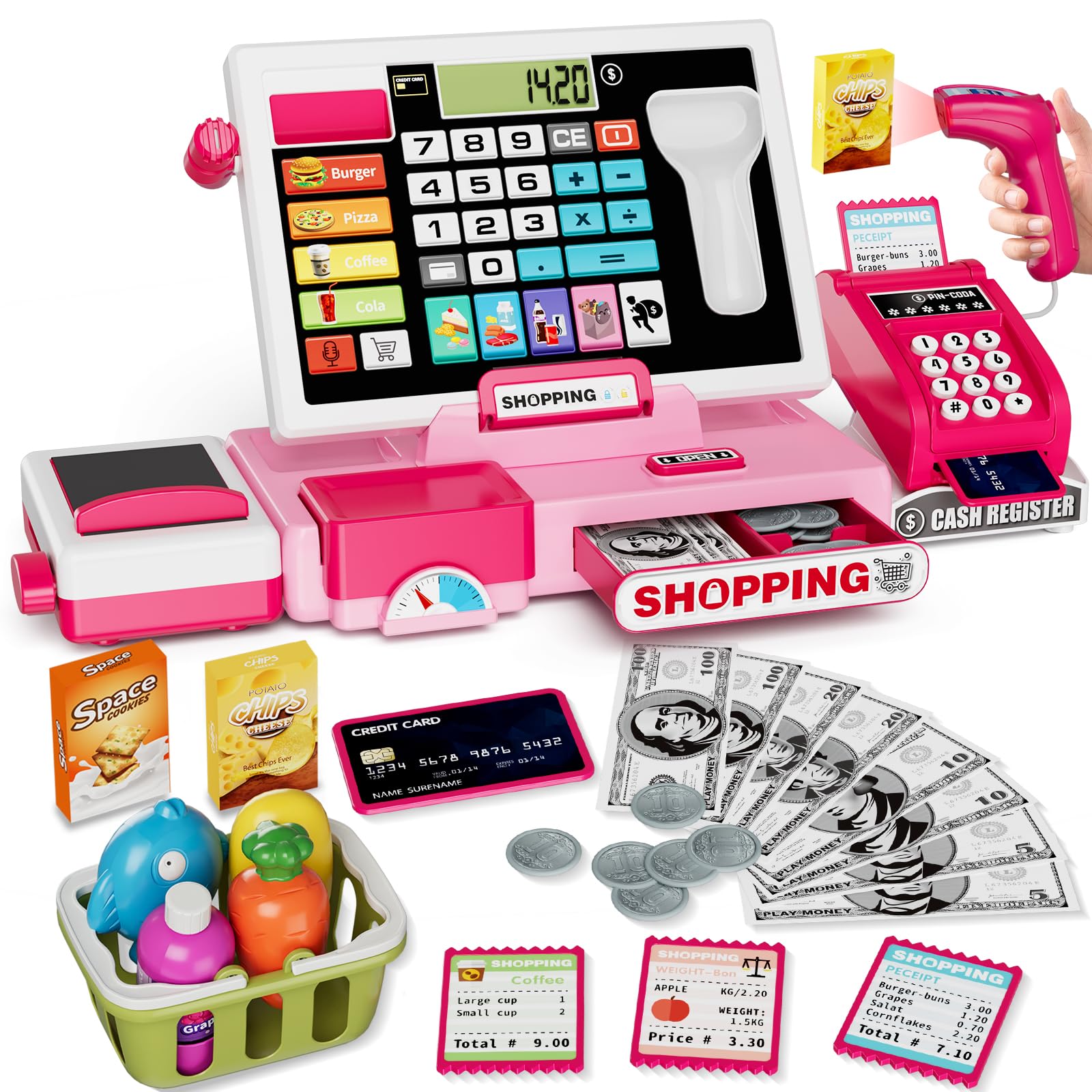 Kids Pretend Play Cash Register Toy with Realistic Calculator, Scanner, Credit Cards & Play Money - Educational Role Play Toy for Toddlers & Preschoolers - Perfect for Birthday Gifts & Classroom Learning (Pink)