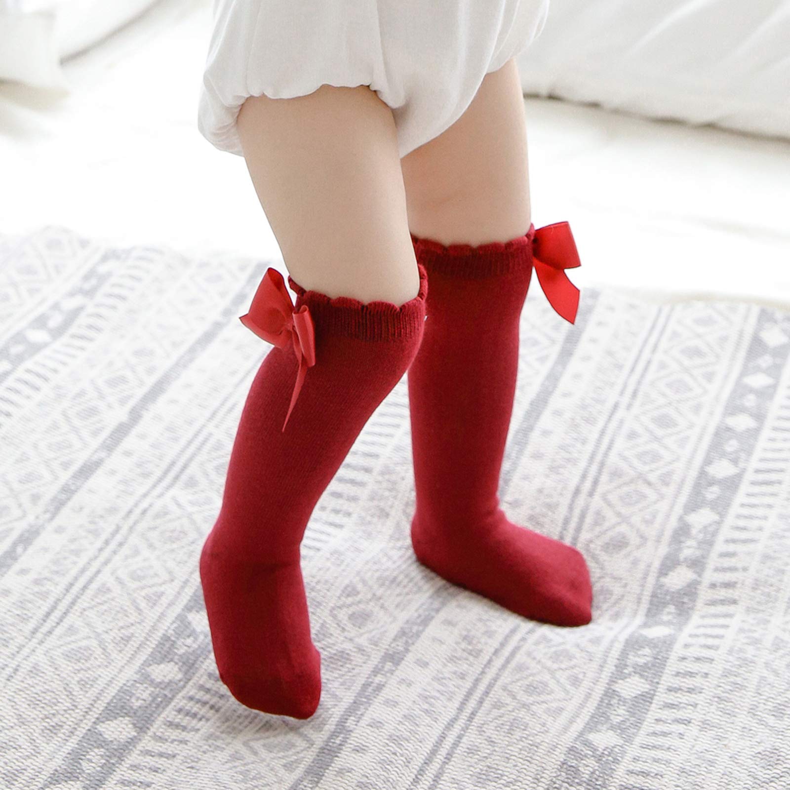 **Baby Girls Knee High Socks with Bows - Soft Cotton Knit Long Stockings for Infants & Toddlers (5 Pairs) - Perfect for Playtime, School & Special Occasions**