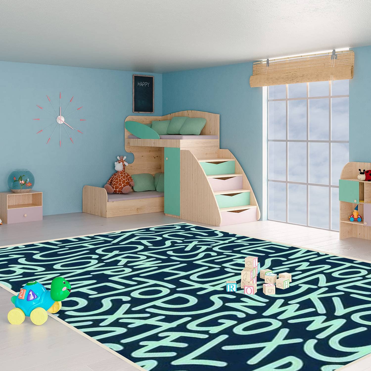 Modern Abstract Area Rugs - Stain Resistant Non-Slip Carpet for Living Room, Bedroom, Kitchen & Bathroom - Sailor Blue & Mint Alphabet Pattern Rectangular Home Decor Mat - Perfect for Cozy Spaces, Nursery Decor & High Traffic Areas
