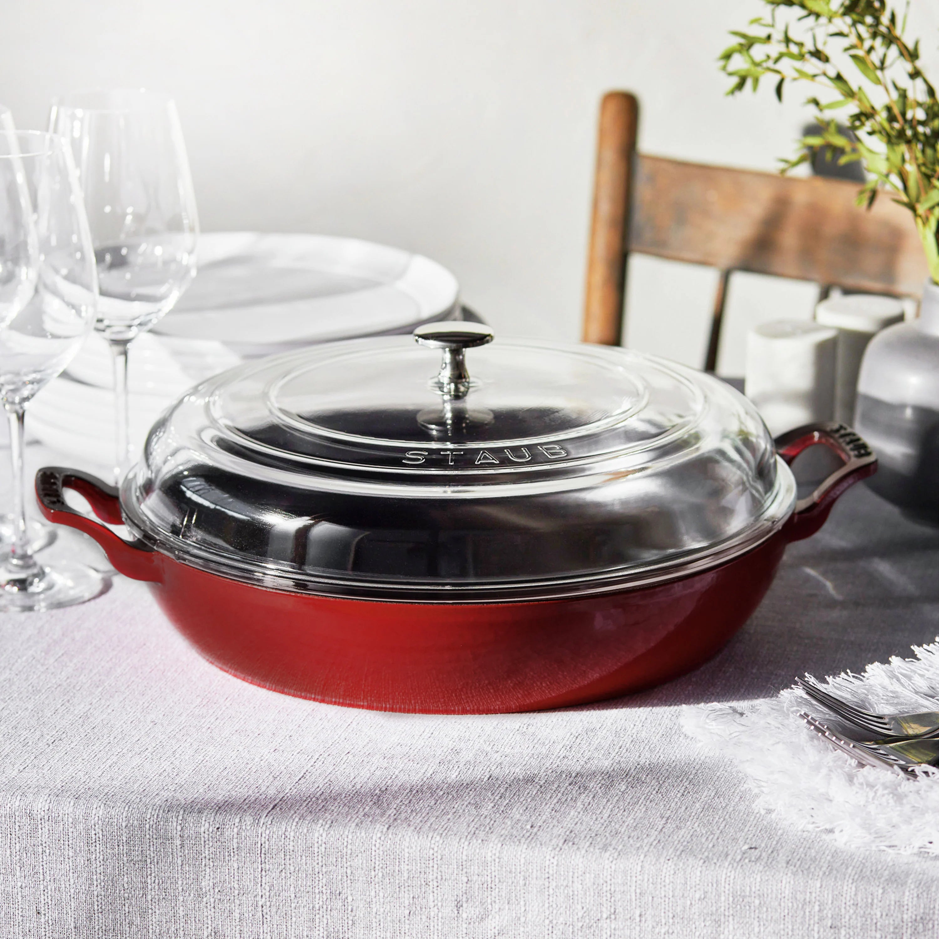 Staub Cast Iron Braiser with Glass Lid - 5.5 QT Grenadine Red Enameled Dutch Oven for Roasting, Baking & Searing - Perfect for Stovetop, Oven & Camping Cooking