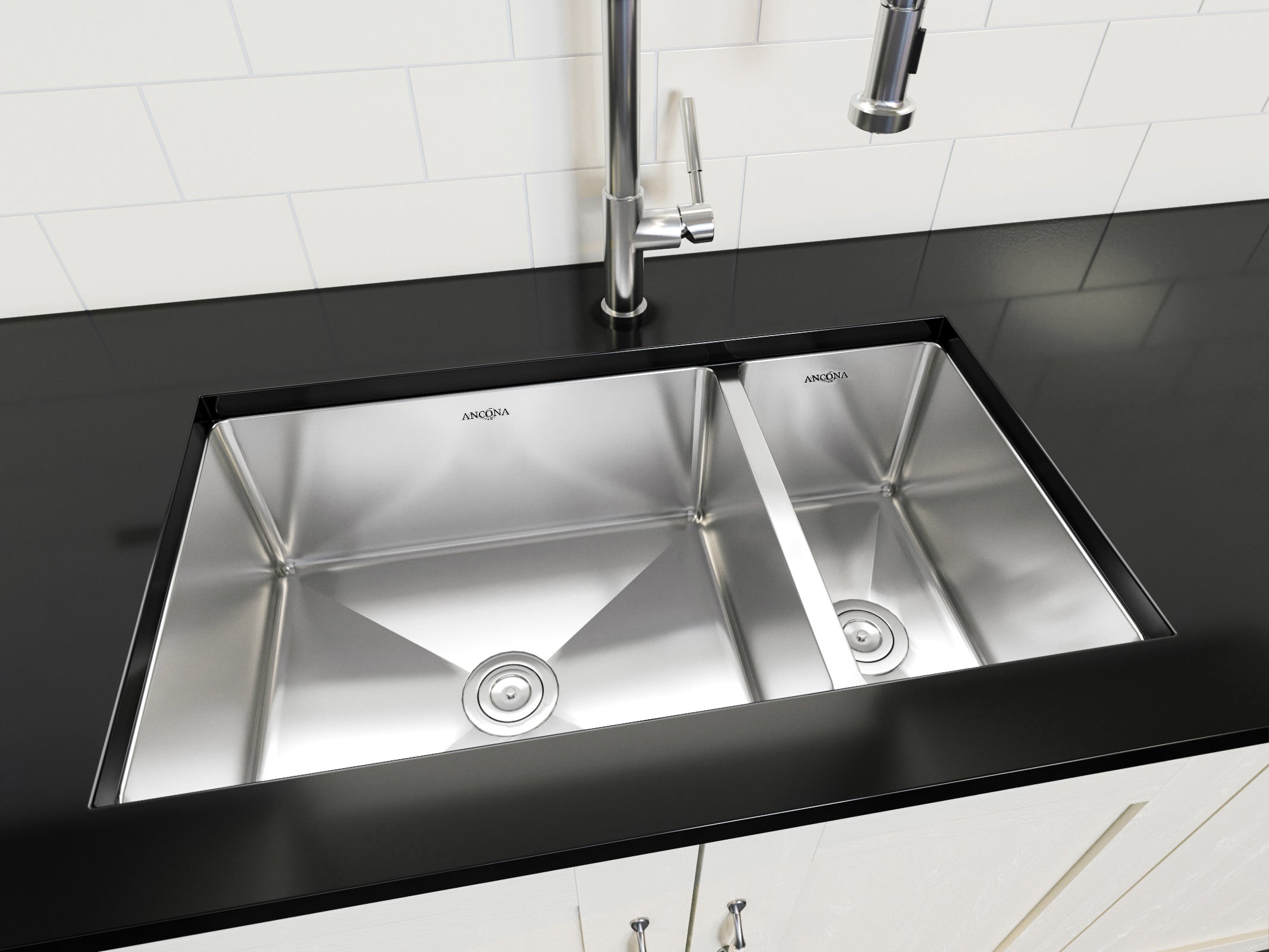 Prestige Series 32-Inch Undermount Stainless Steel 70/30 Double Bowl Kitchen Sink - Satin Finish with Drain Grids & Strainers - Perfect for Modern Kitchens & Heavy-Duty Cooking