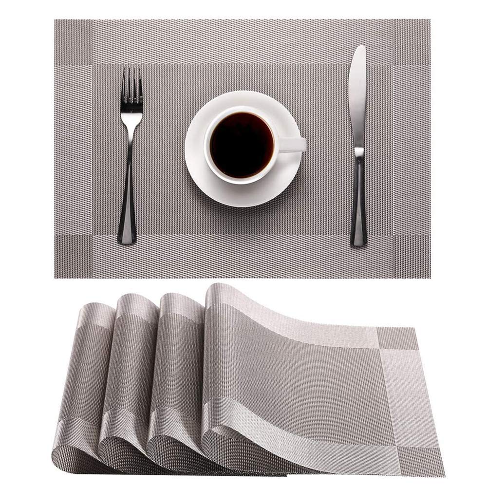 Premium Heat-Resistant Woven Vinyl Placemats Set of 4 - Non-Slip Washable PVC Table Mats for Dining Table, Easy to Clean & Durable (Silver Grey) - Perfect for Everyday Meals, Dinner Parties & Home Decor