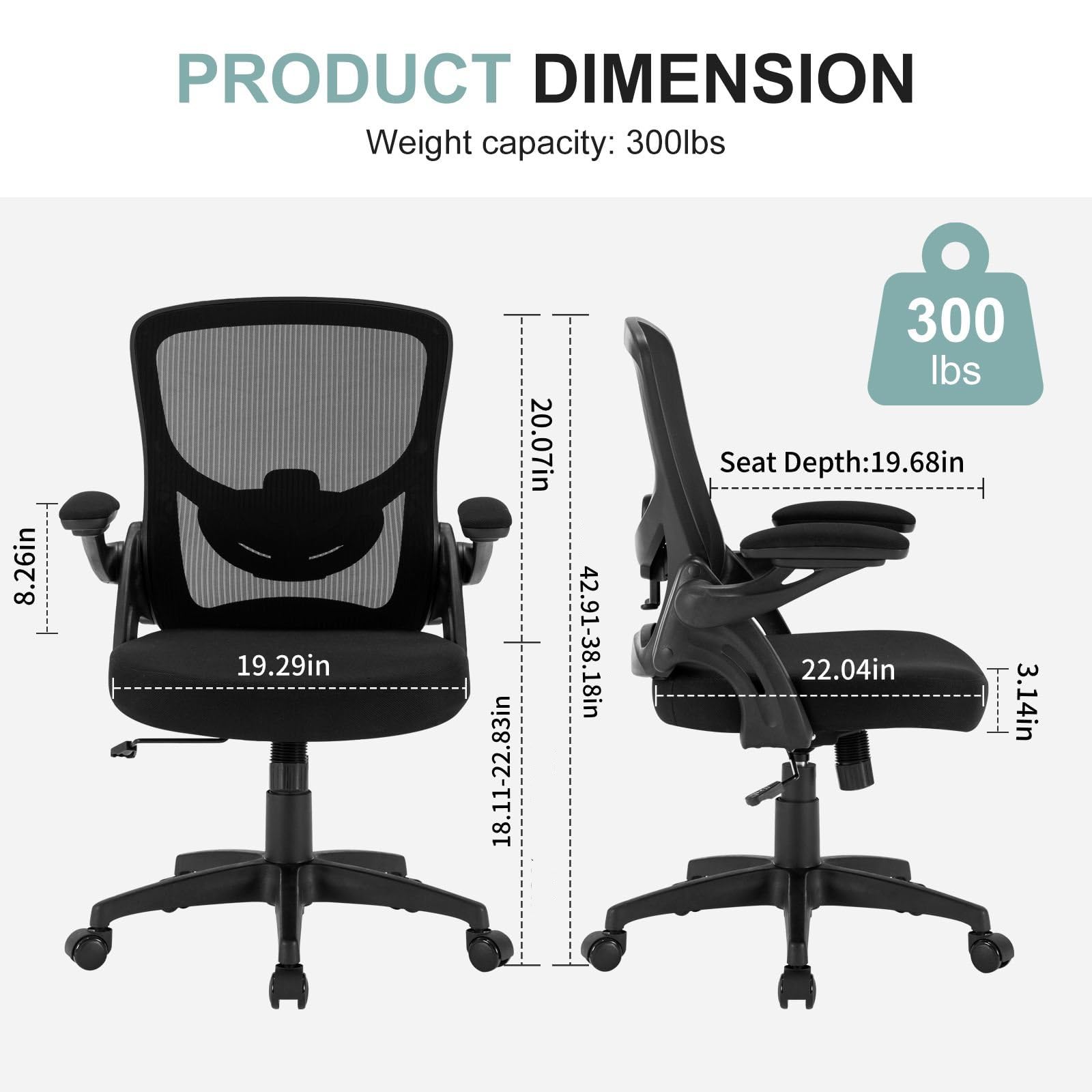 Ergonomic Mesh Office Chair with Adjustable Lumbar Support - Flip-Up Armrests & Height Adjustable Swivel Desk Chair for Home Office - 300 lbs Weight Capacity - Perfect for Long Work Hours & Gaming Sessions