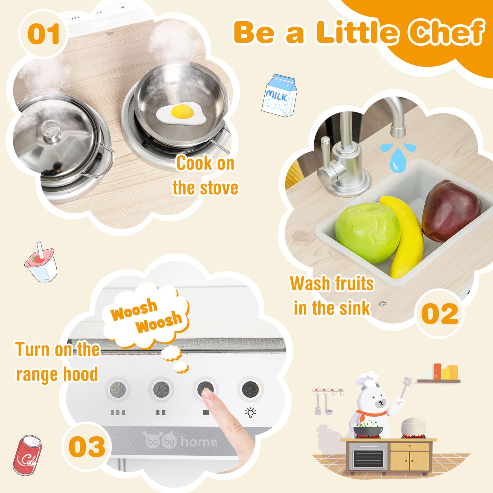 HONEY JOY Wooden Play Kitchen Set for Toddlers - Pretend Toy Kitchen with Water Dispenser, Microwave, Range Hood, Refrigerator & Cookware - Interactive Kids Kitchen Playset with Lights & Sounds - Perfect for Pretend Play, Role-Playing & Early Learning